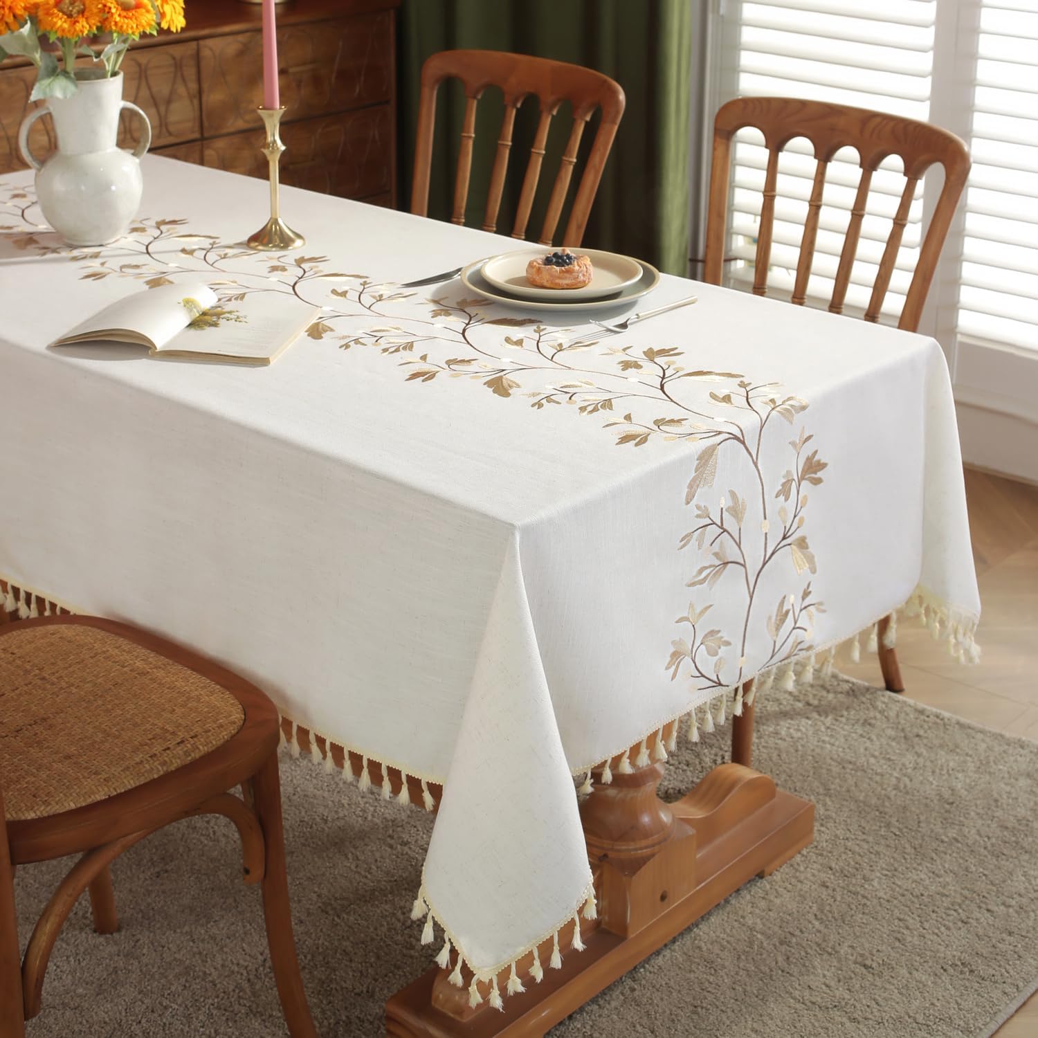 Cotton Linen Waterproof Tablecloth for Dining Table Farmhouse Kitchen Rectangle Table Cloth Coffee Wrinkle Free Table Cover, Beige, Coffee Flower, 55x55 Inch