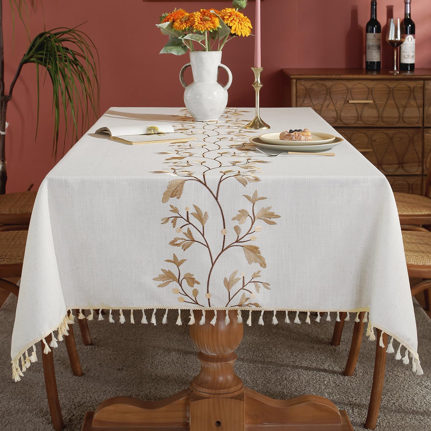 Cotton Linen Waterproof Tablecloth for Dining Table Farmhouse Kitchen Rectangle Table Cloth Coffee Wrinkle Free Table Cover, Beige, Coffee Flower, 55x55 Inch