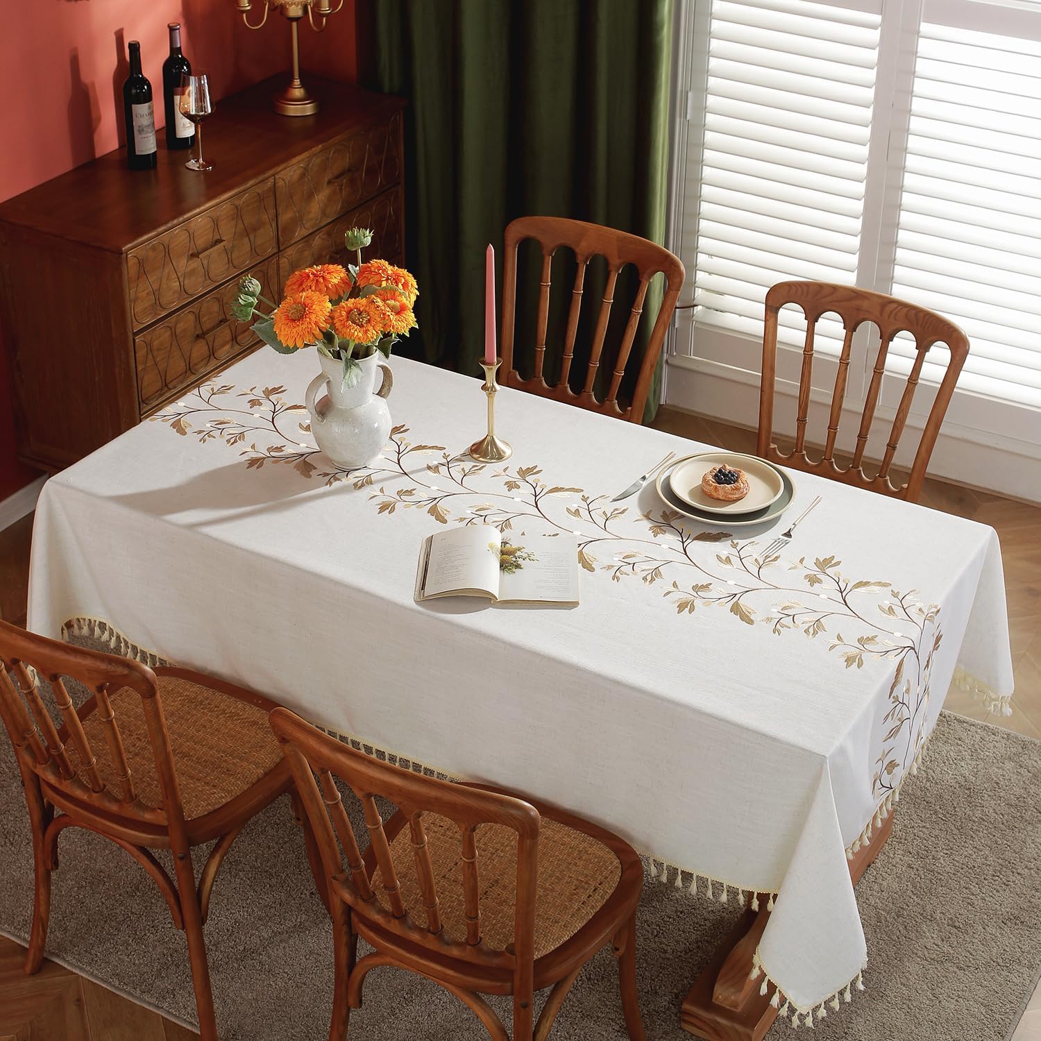 Cotton Linen Waterproof Tablecloth for Dining Table Farmhouse Kitchen Rectangle Table Cloth Coffee Wrinkle Free Table Cover, Beige, Coffee Flower, 55x55 Inch