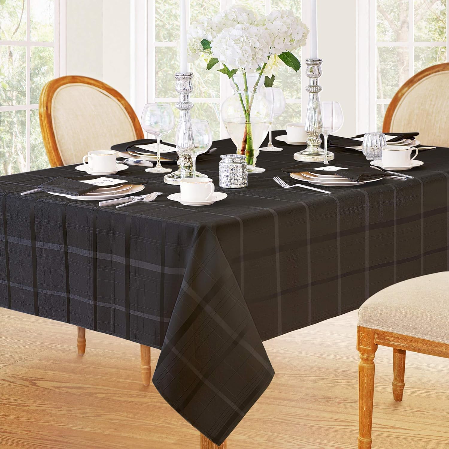 60 x 84 Inch Rectangle Fabric Tablecloth, Elegance Plaid, 100% Polyester, No Iron Soil Resistant Dining Room, Party and Banquet Table Cover, Solid Textured, Black