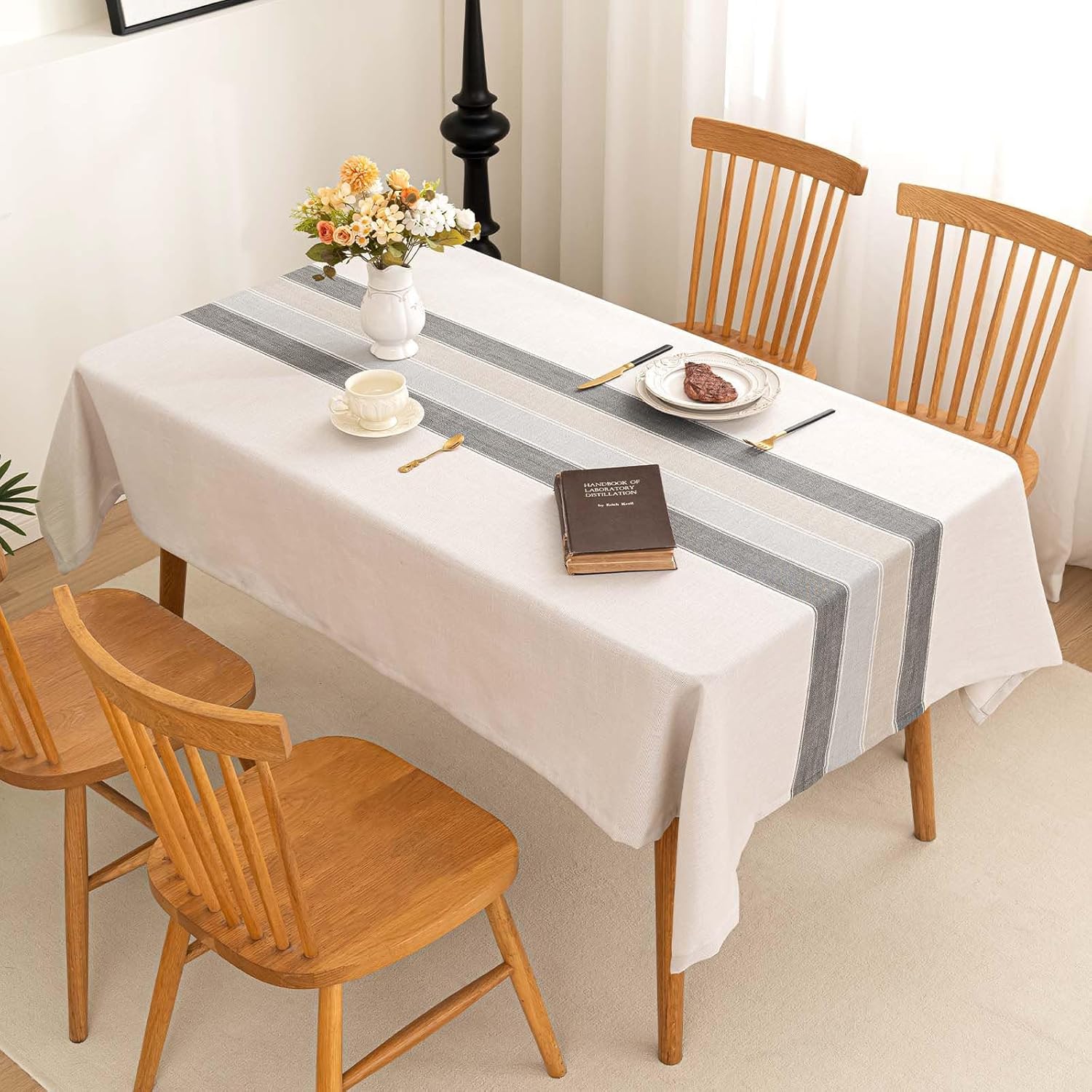 Table Cloth Rectangle Table Cloths Rustic Farmhouse Tablecloth Cotton Linen Waterproof Embroidery Fabric Table Cover for Indoor Outdoor Dinning Tabletop Decoration-Grey Macarons-54 x86