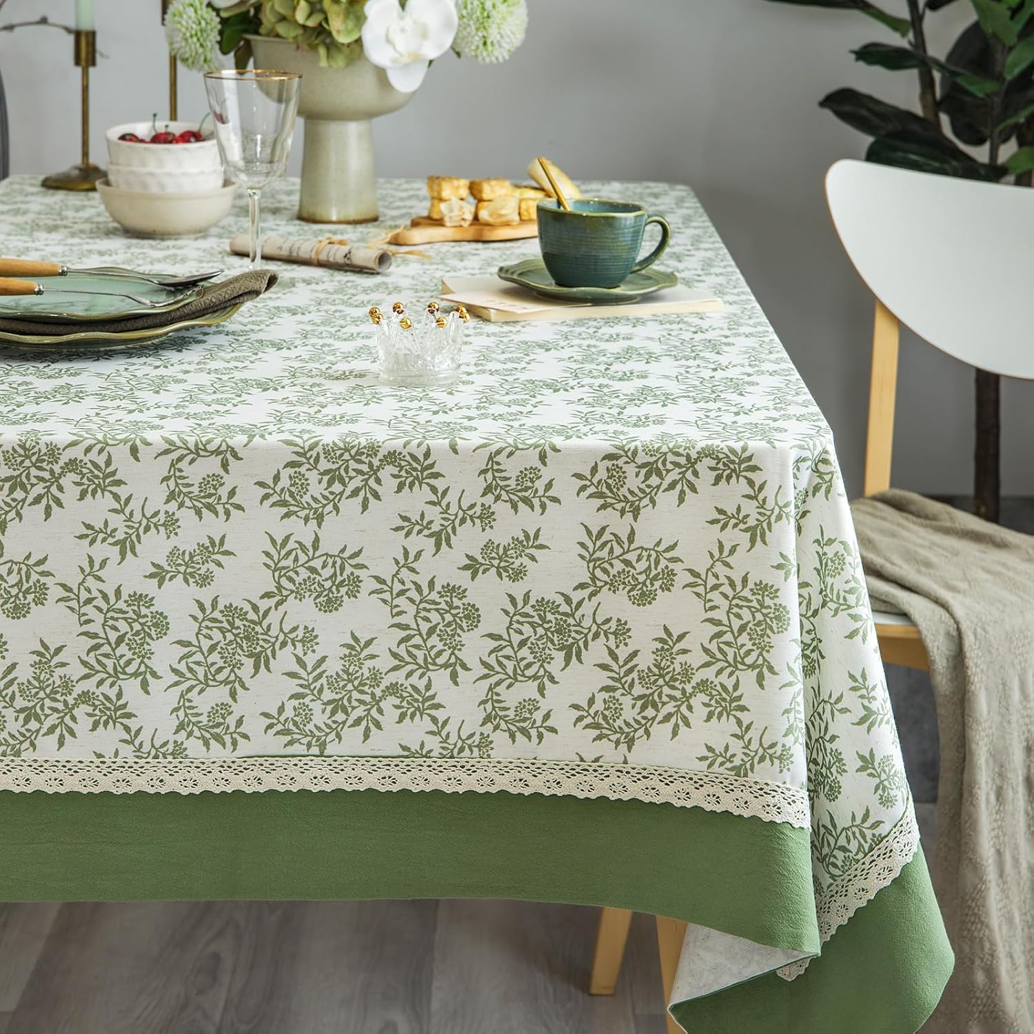 Rustic Tablecloth Solid Cotton Fabric Bordered Retro Tablecloths Classic Plant Leaf Printed Linen Fabric Table Cover Farmhouse Decoration 52x70 Inches Rectangle/Oblong Green for Kitchen