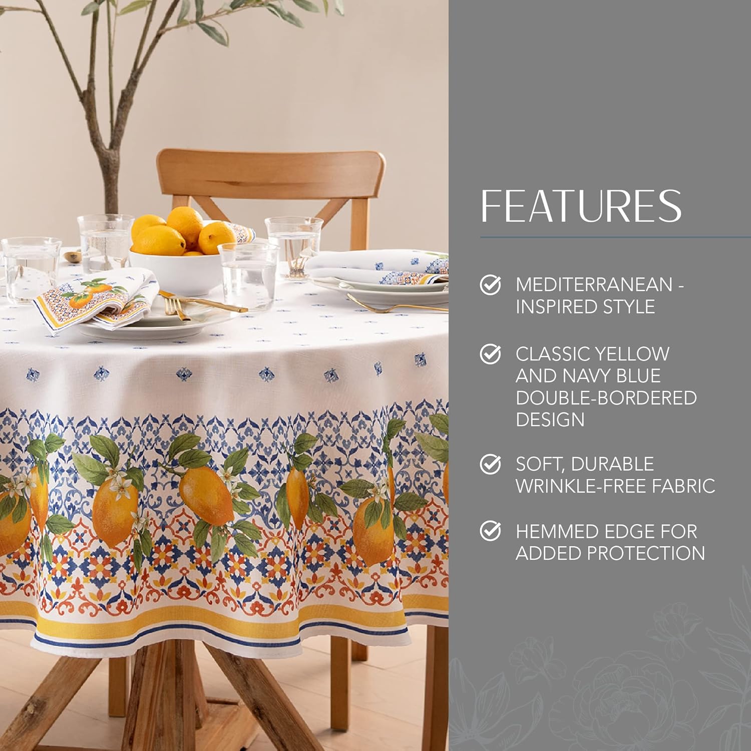Home Fashions Capri Lemon Double-Bordered Mediterranean Spring/Summer Fabric Tablecloth, Round, 70 inches X 70 inches
