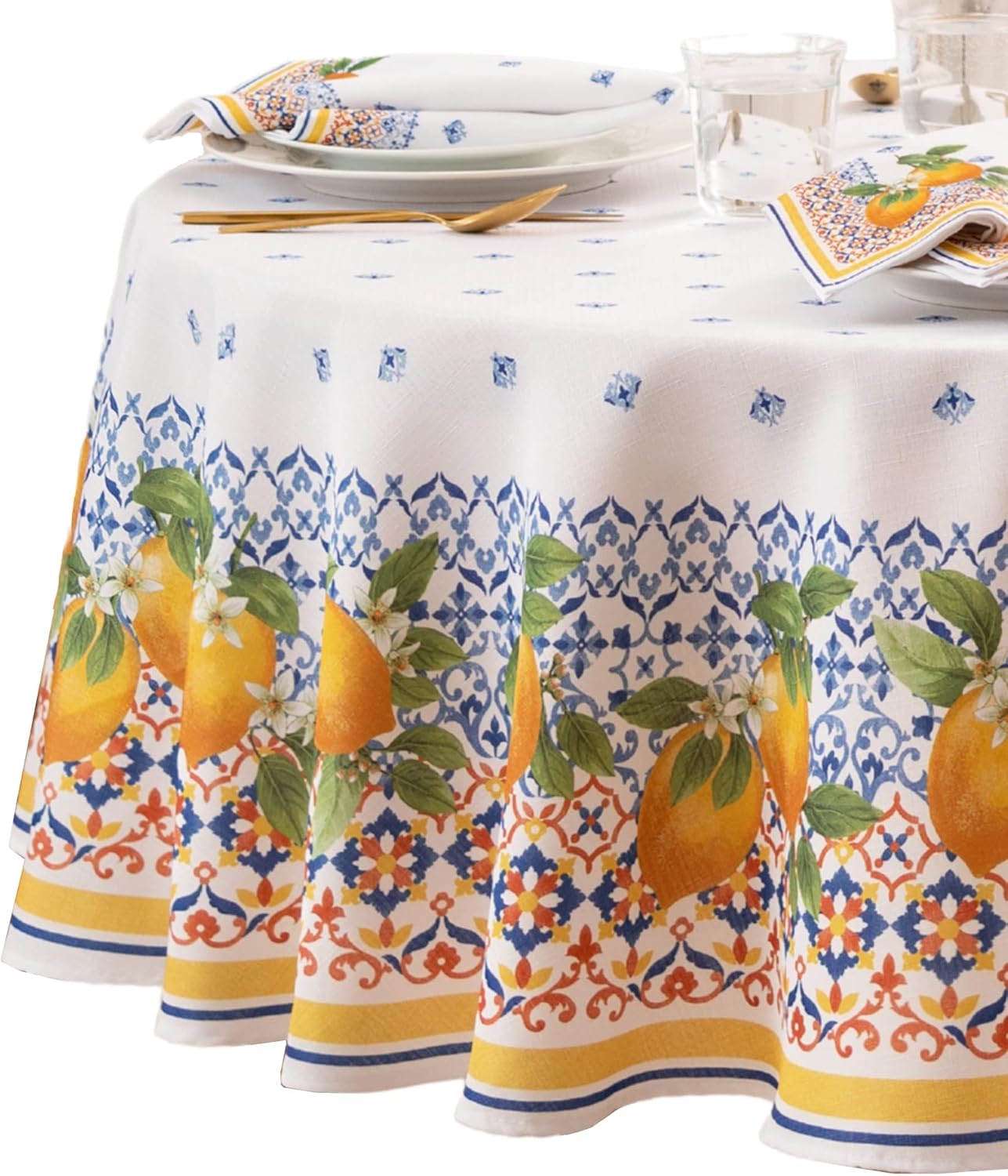 Home Fashions Capri Lemon Double-Bordered Mediterranean Spring/Summer Fabric Tablecloth, Round, 70 inches X 70 inches