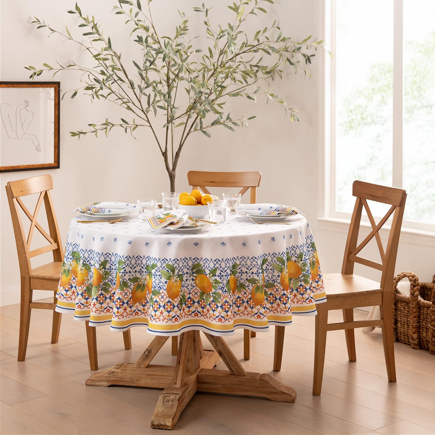 Home Fashions Capri Lemon Double-Bordered Mediterranean Spring/Summer Fabric Tablecloth, Round, 70 inches X 70 inches