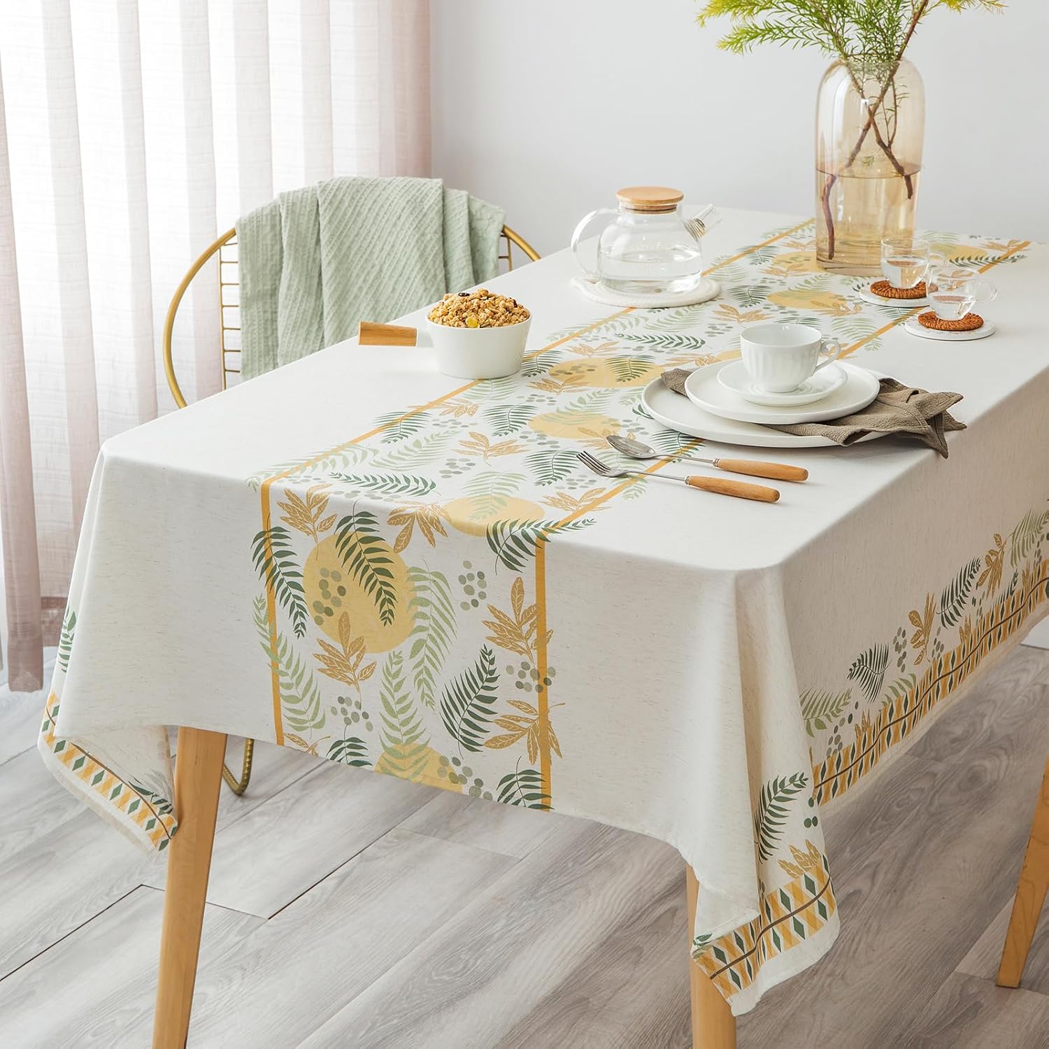 Rustic Tablecloth Classic Forest Green Plant Leaf Printed Linen Fabric Table Cover Farmhouse Decoration 55x84 Inches Rectangle/Oblong Ivory/OliveGreen for Kitchen Dining
