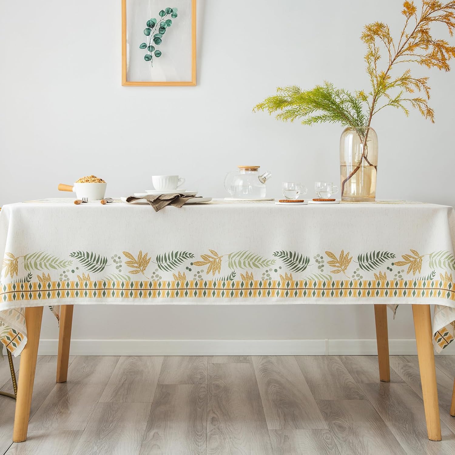 Rustic Tablecloth Classic Forest Green Plant Leaf Printed Linen Fabric Table Cover Farmhouse Decoration 55x84 Inches Rectangle/Oblong Ivory/OliveGreen for Kitchen Dining