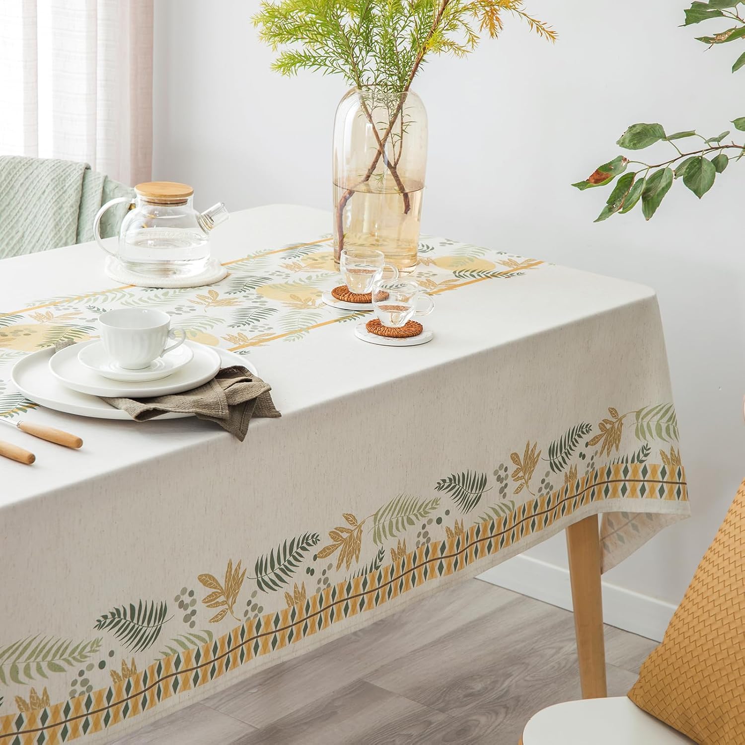 Rustic Tablecloth Classic Forest Green Plant Leaf Printed Linen Fabric Table Cover Farmhouse Decoration 55x84 Inches Rectangle/Oblong Ivory/OliveGreen for Kitchen Dining