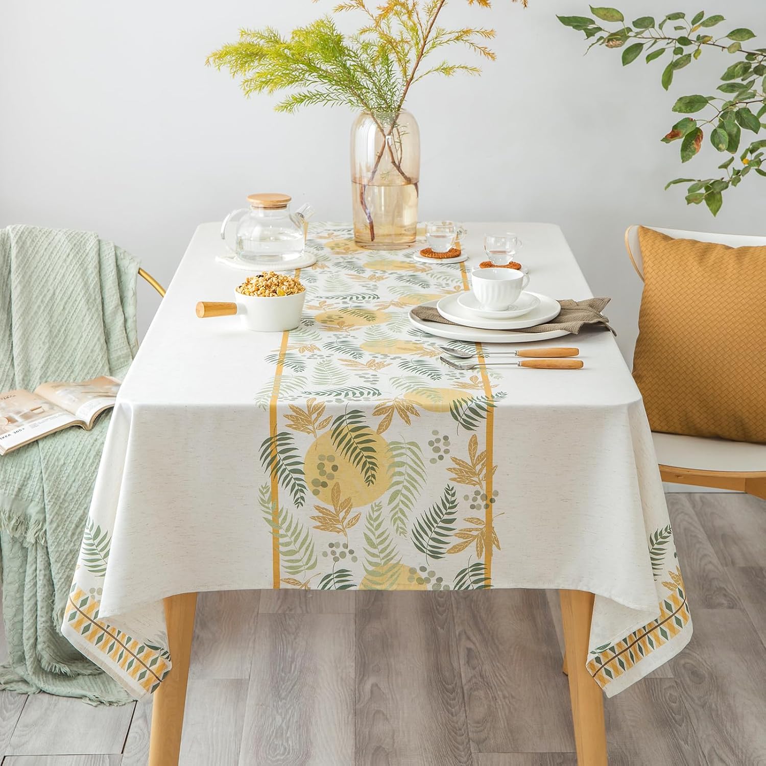 Rustic Tablecloth Classic Forest Green Plant Leaf Printed Linen Fabric Table Cover Farmhouse Decoration 55x84 Inches Rectangle/Oblong Ivory/OliveGreen for Kitchen Dining