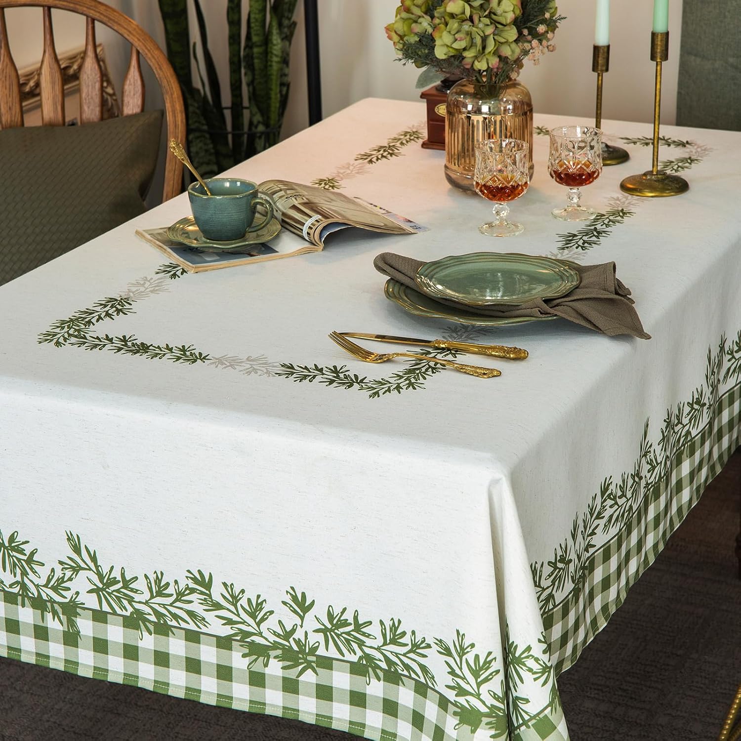 Rustic Tablecloth Classic Plant Leaf Printed Linen Fabric Table Cover Farmhouse Decoration 55x84 Inches Rectangle/Oblong Ivory/OliveGreen for Kitchen Dining