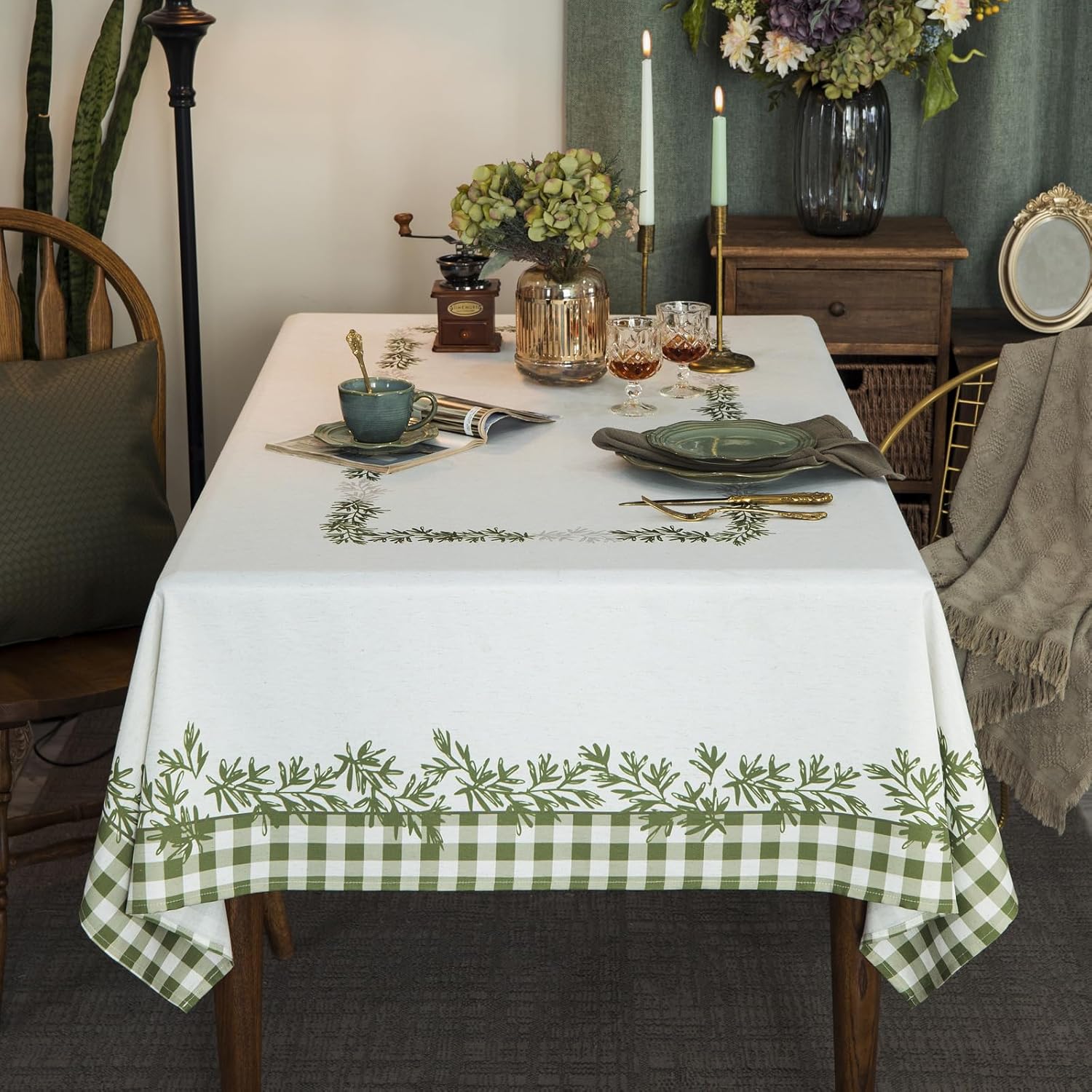 Rustic Tablecloth Classic Plant Leaf Printed Linen Fabric Table Cover Farmhouse Decoration 55x84 Inches Rectangle/Oblong Ivory/OliveGreen for Kitchen Dining