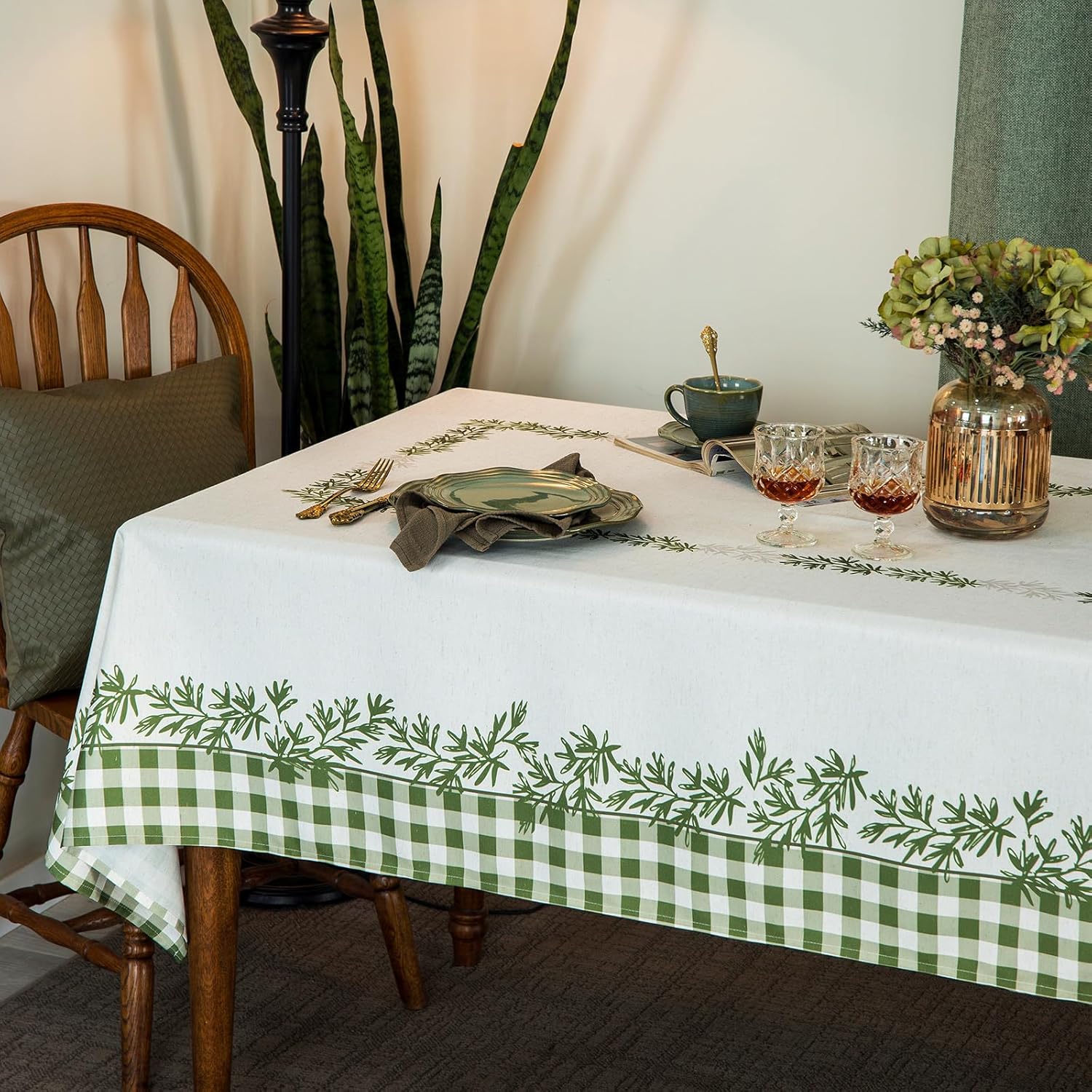 Rustic Tablecloth Classic Plant Leaf Printed Linen Fabric Table Cover Farmhouse Decoration 55x84 Inches Rectangle/Oblong Ivory/OliveGreen for Kitchen Dining