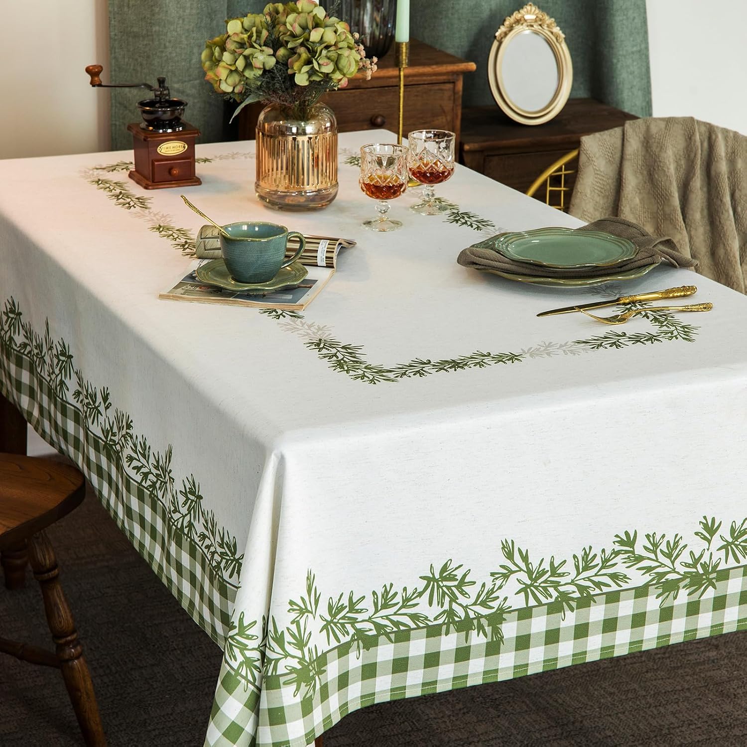 Rustic Tablecloth Classic Plant Leaf Printed Linen Fabric Table Cover Farmhouse Decoration 55x84 Inches Rectangle/Oblong Ivory/OliveGreen for Kitchen Dining