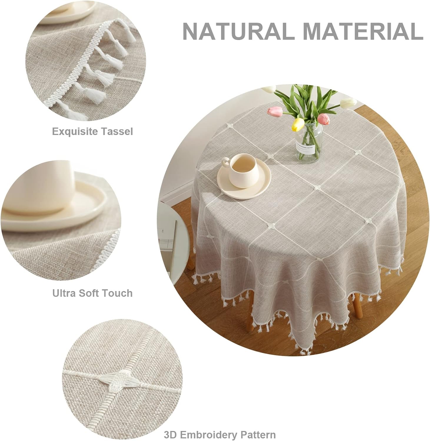 Rustic Farmhouse Tablecloth Cotton Linen Light Brown Dust-Proof Washable Boho Embroidery Table Cover Square Table Cloth for Party Kitchen Dining Tabletop Decoration 43 x 43 Inch