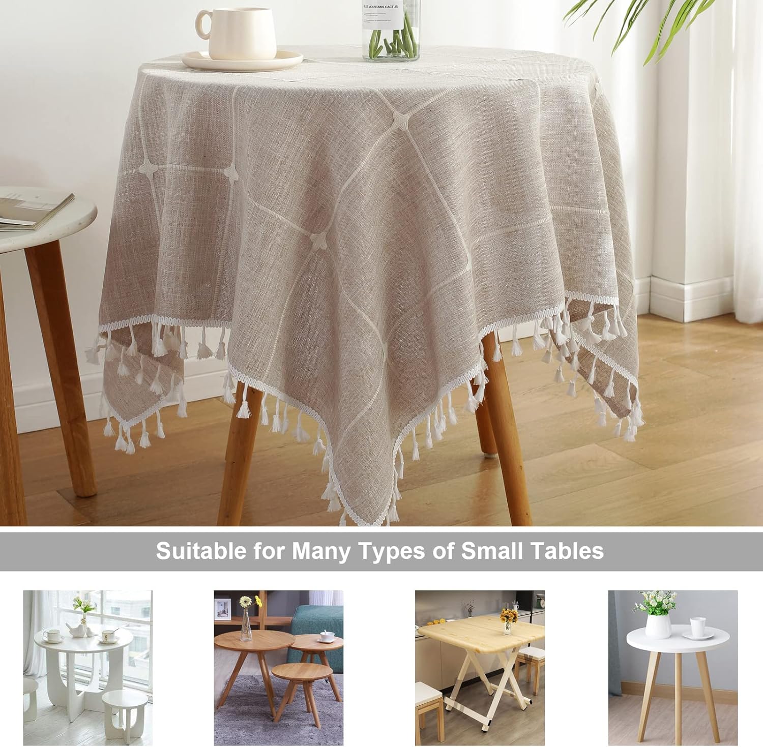 Rustic Farmhouse Tablecloth Cotton Linen Light Brown Dust-Proof Washable Boho Embroidery Table Cover Square Table Cloth for Party Kitchen Dining Tabletop Decoration 43 x 43 Inch