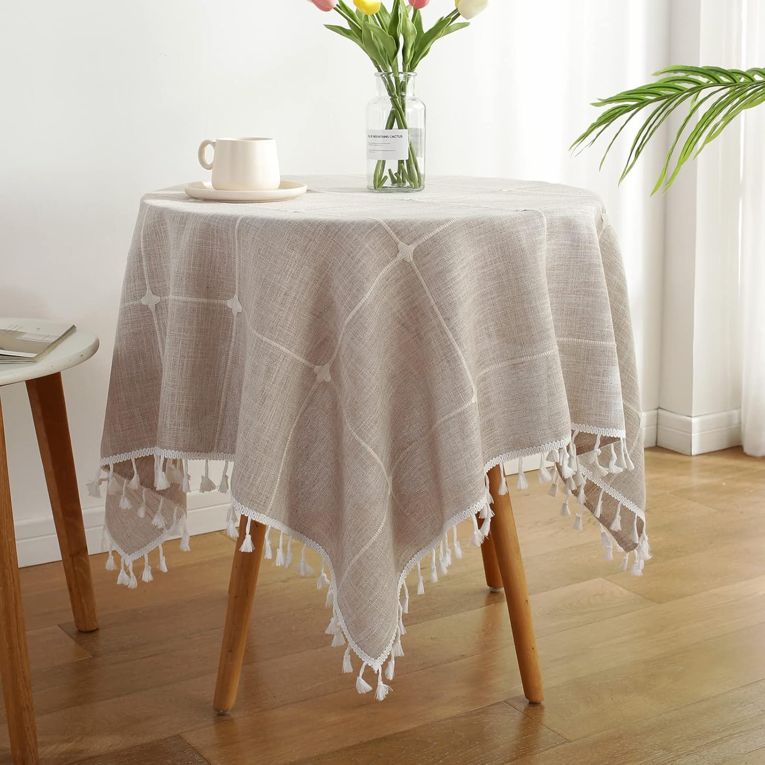 Rustic Farmhouse Tablecloth Cotton Linen Light Brown Dust-Proof Washable Boho Embroidery Table Cover Square Table Cloth for Party Kitchen Dining Tabletop Decoration 43 x 43 Inch