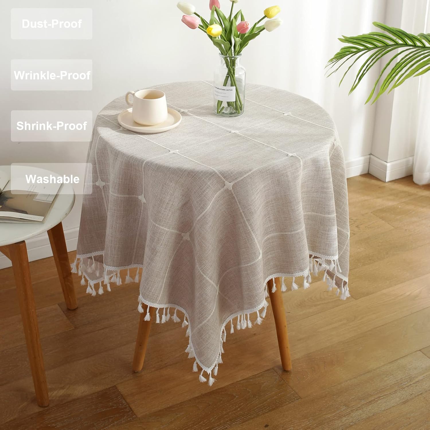 Rustic Farmhouse Tablecloth Cotton Linen Light Brown Dust-Proof Washable Boho Embroidery Table Cover Square Table Cloth for Party Kitchen Dining Tabletop Decoration 43 x 43 Inch