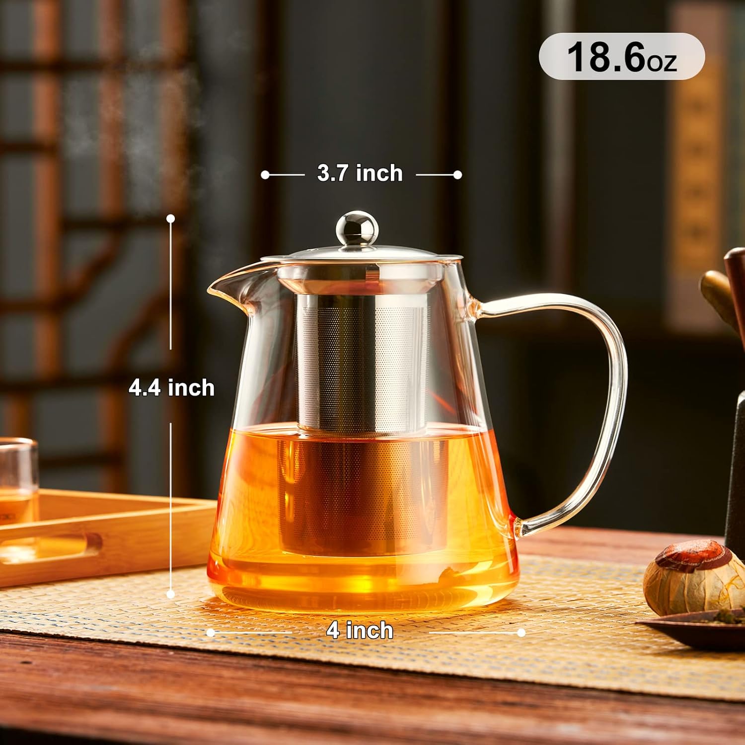 Glass Teapot Stovetop 18.6 OZ, Borosilicate Clear Tea Kettle with Removable 18/8 Stainless Steel Infuser, Teapot Blooming and Loose Leaf Tea Maker Tea Brewer for Camping, Travel (550ML)