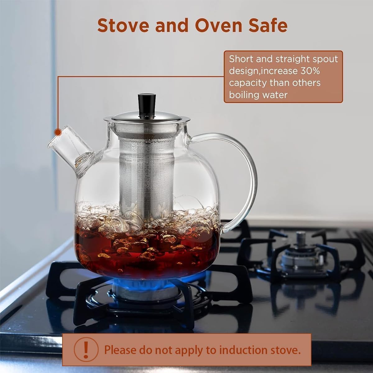 1500ml(50oz) Glass Teapot with Removable Infuser,  Stovetop Safe Large Tea Pot, Blooming and Loose Leaf Hand Crafted Kettle for Women and Adult with Stainless Infuser