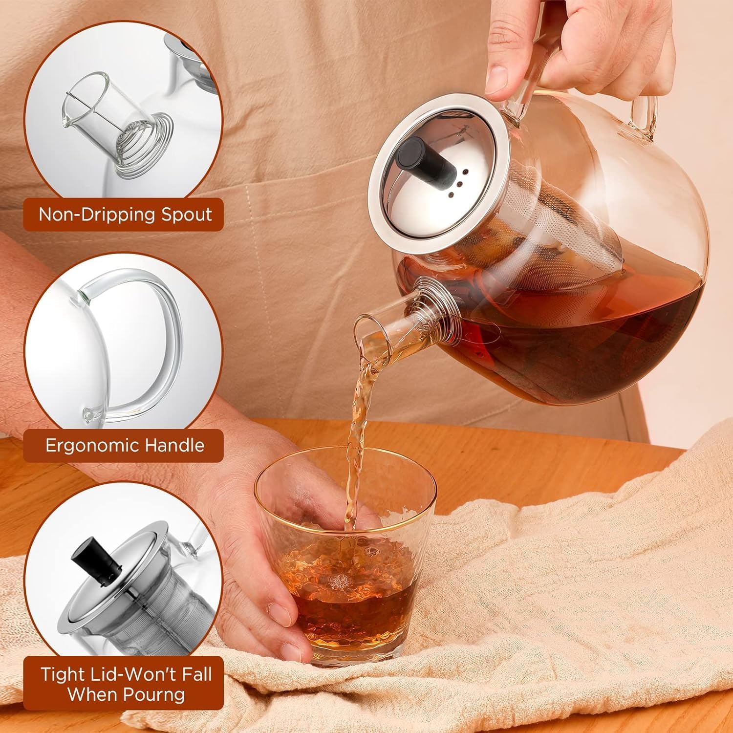 1500ml(50oz) Glass Teapot with Removable Infuser,  Stovetop Safe Large Tea Pot, Blooming and Loose Leaf Hand Crafted Kettle for Women and Adult with Stainless Infuser