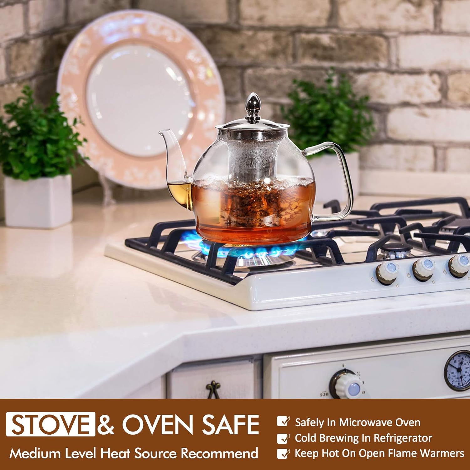 1000ml Glass Teapot with Removable Infuser, Stovetop Safe Tea Kettle, Blooming and Loose Leaf Tea Maker Set