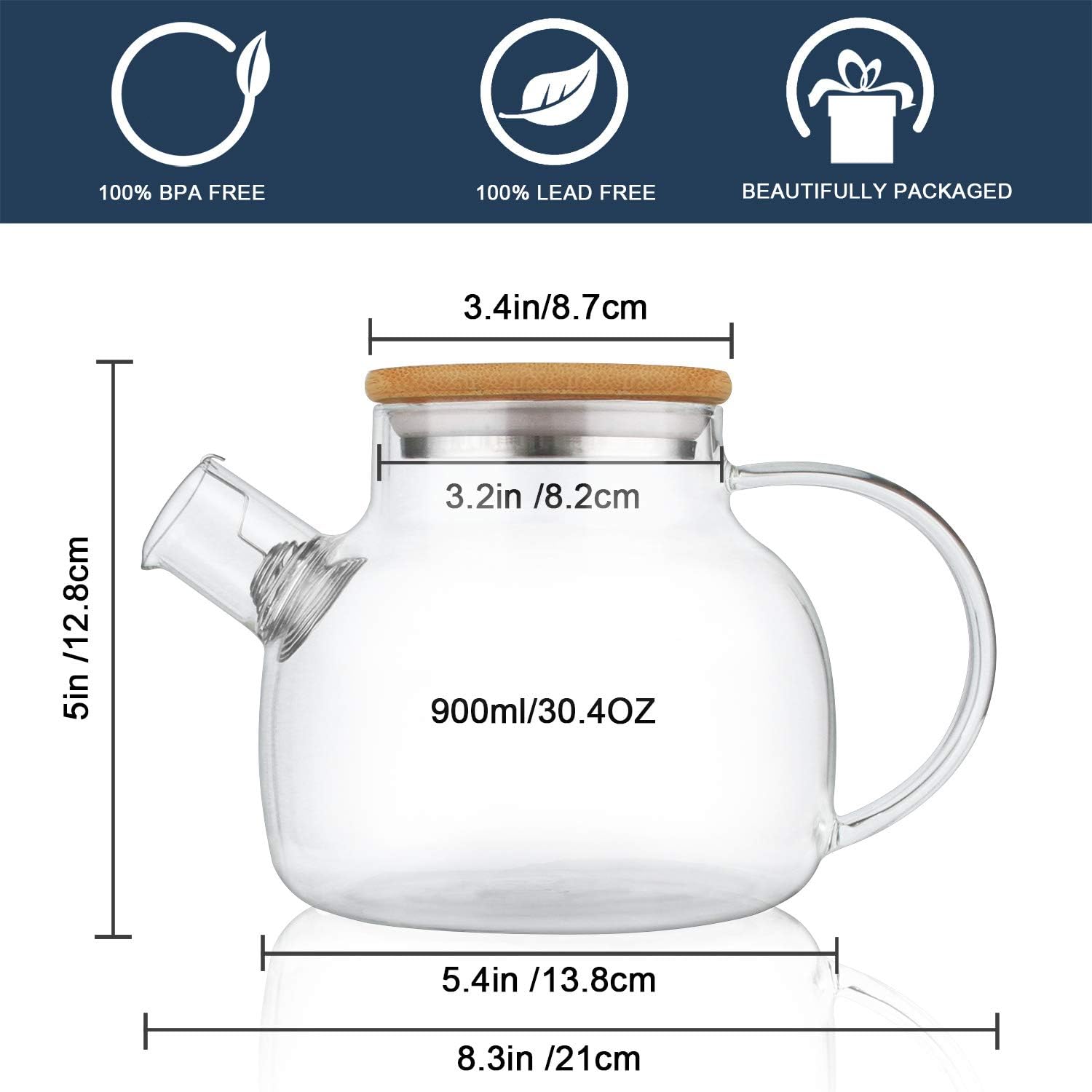 Glass Teapot Stovetop Safe,30.4oz Clear Teapots with Removable Filter Spout,Teapot for Loose Leaf and Blooming Tea