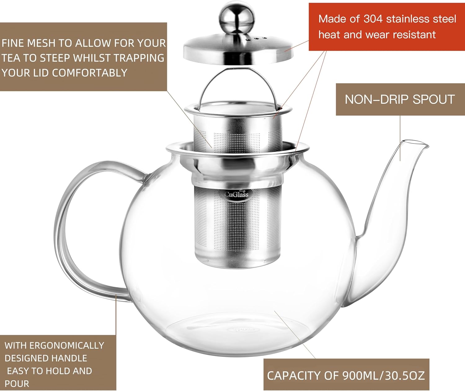 900ml Glass Teapot with Removable Infuser,Clear Tea Kettle Stovetop Safe,Blooming and Loose Leaf Tea Maker
