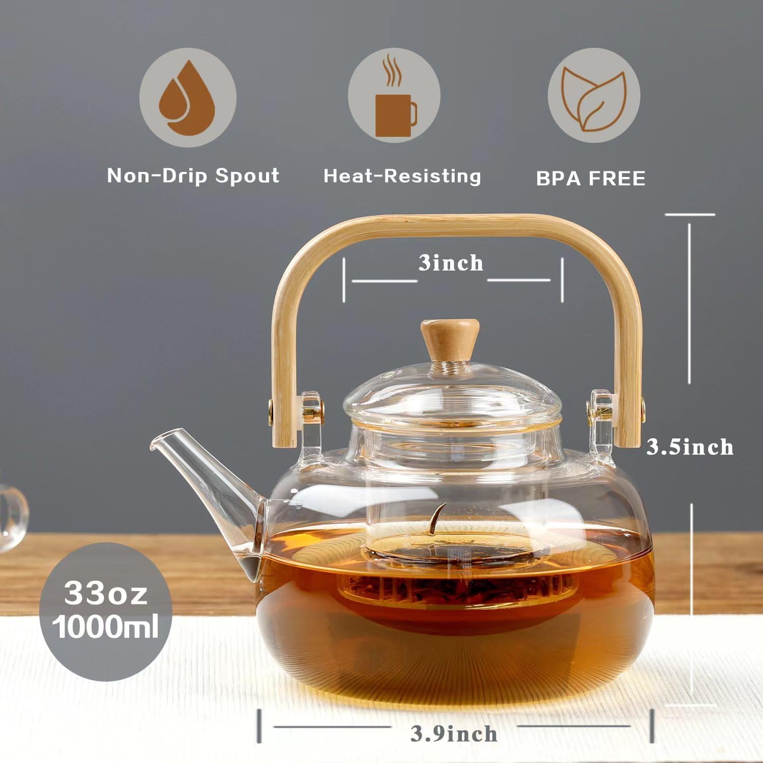 Glass Tea Kettle with Removable Infuser,Stovetop Safe, Glass Teapot 1000 ml 33 oz, Tea Pot with Infusers for Loose Tea, Gift for Women and Adult