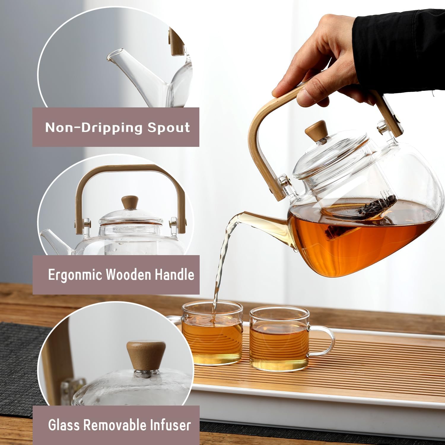 Glass Tea Kettle with Removable Infuser,Stovetop Safe, Glass Teapot 1000 ml 33 oz, Tea Pot with Infusers for Loose Tea, Gift for Women and Adult
