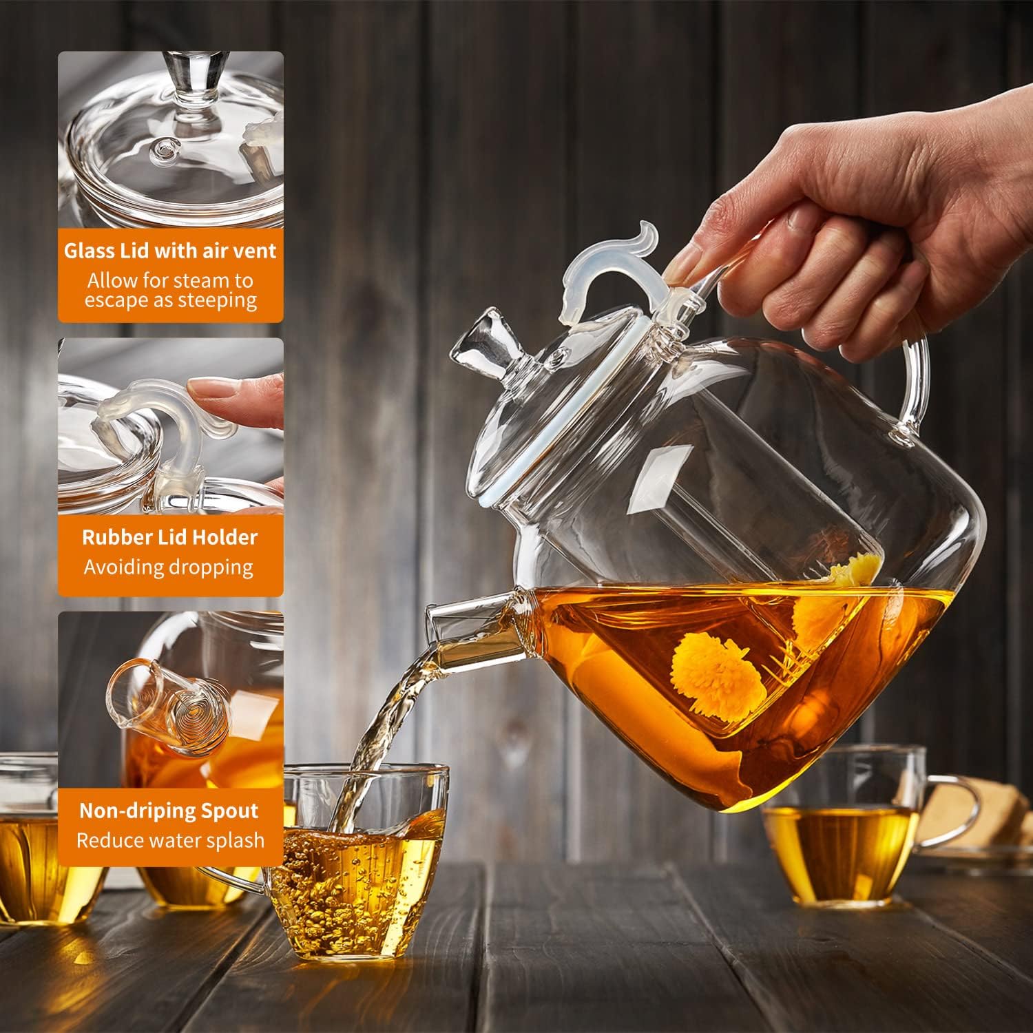 Glass Teapot with Infuser, 62oz 1850ml All-Glass Design with Dual Filters, Borosilicate Glass Tea Kettle for Loose Leaf & Blooming Tea, Stovetop Safe