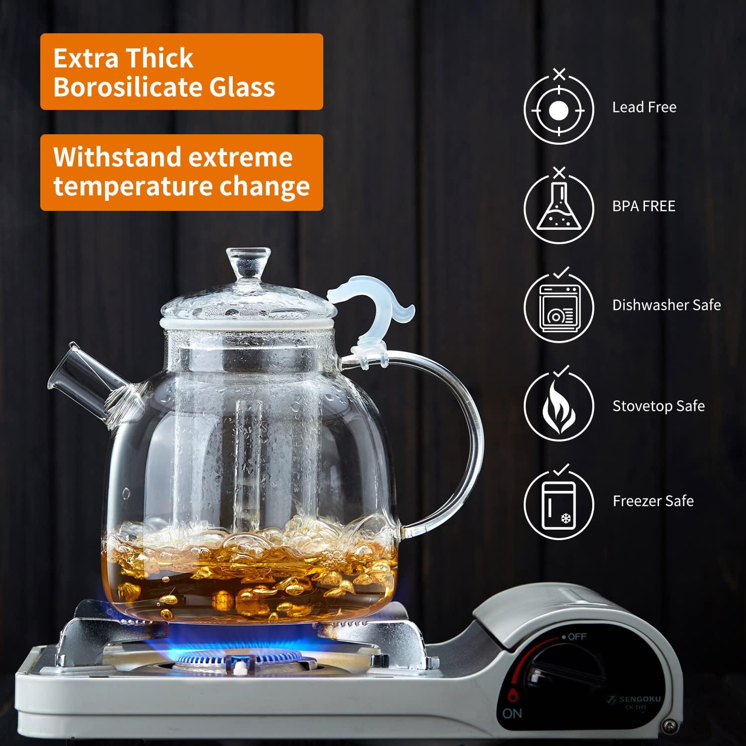 Glass Teapot with Infuser, 62oz 1850ml All-Glass Design with Dual Filters, Borosilicate Glass Tea Kettle for Loose Leaf & Blooming Tea, Stovetop Safe