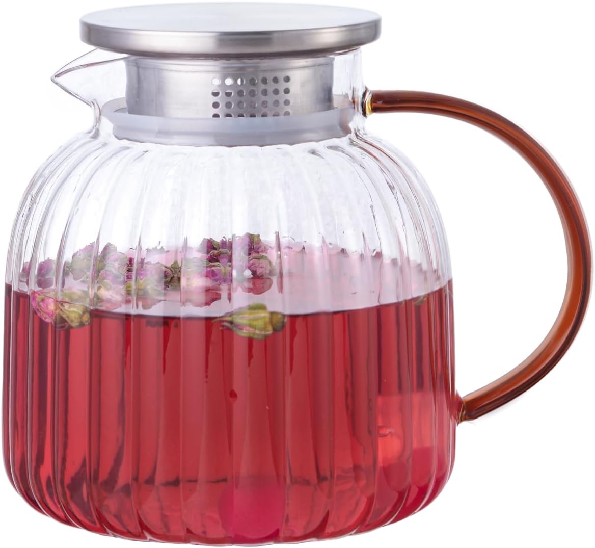 Glass Teapot,Stovetop Safe,46.8 oz/1385 ml Heat Resistant Borosilicate Glass Tea Kettle with Stainless Steel Lid,Clear Teapot for Loose Leaf and Blooming Tea
