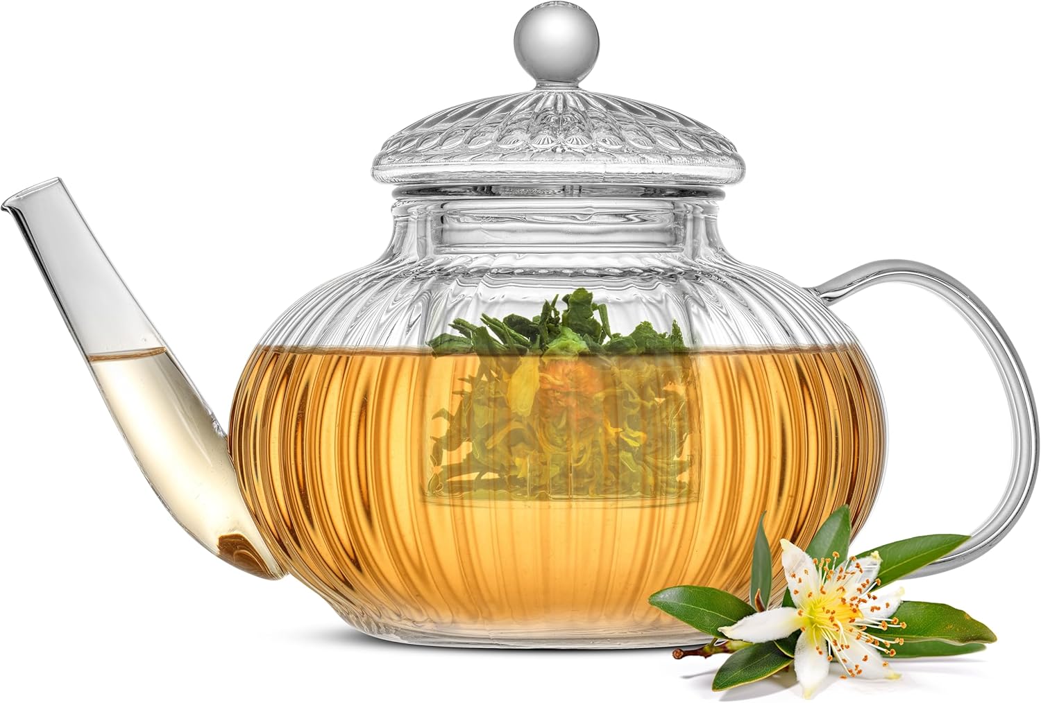 Fluted Glass Teapot Set 33.8oz, Stovetop Safe Tea Kettle, Borosilicate Clear Tea Kettle with Removable Glass Infuser, Blooming and Loose Leaf Tea Maker Tea Brewer