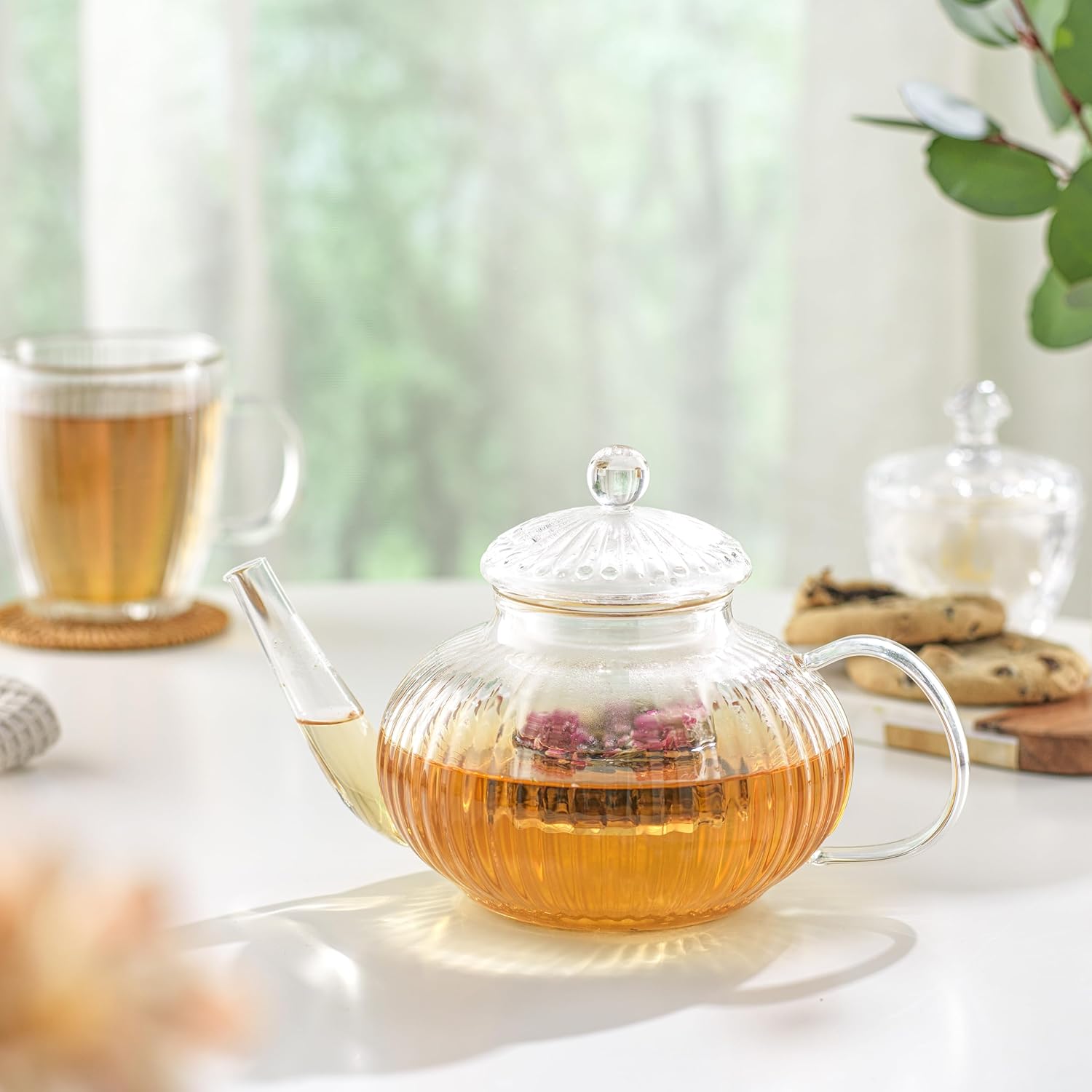 Fluted Glass Teapot Set 33.8oz, Stovetop Safe Tea Kettle, Borosilicate Clear Tea Kettle with Removable Glass Infuser, Blooming and Loose Leaf Tea Maker Tea Brewer