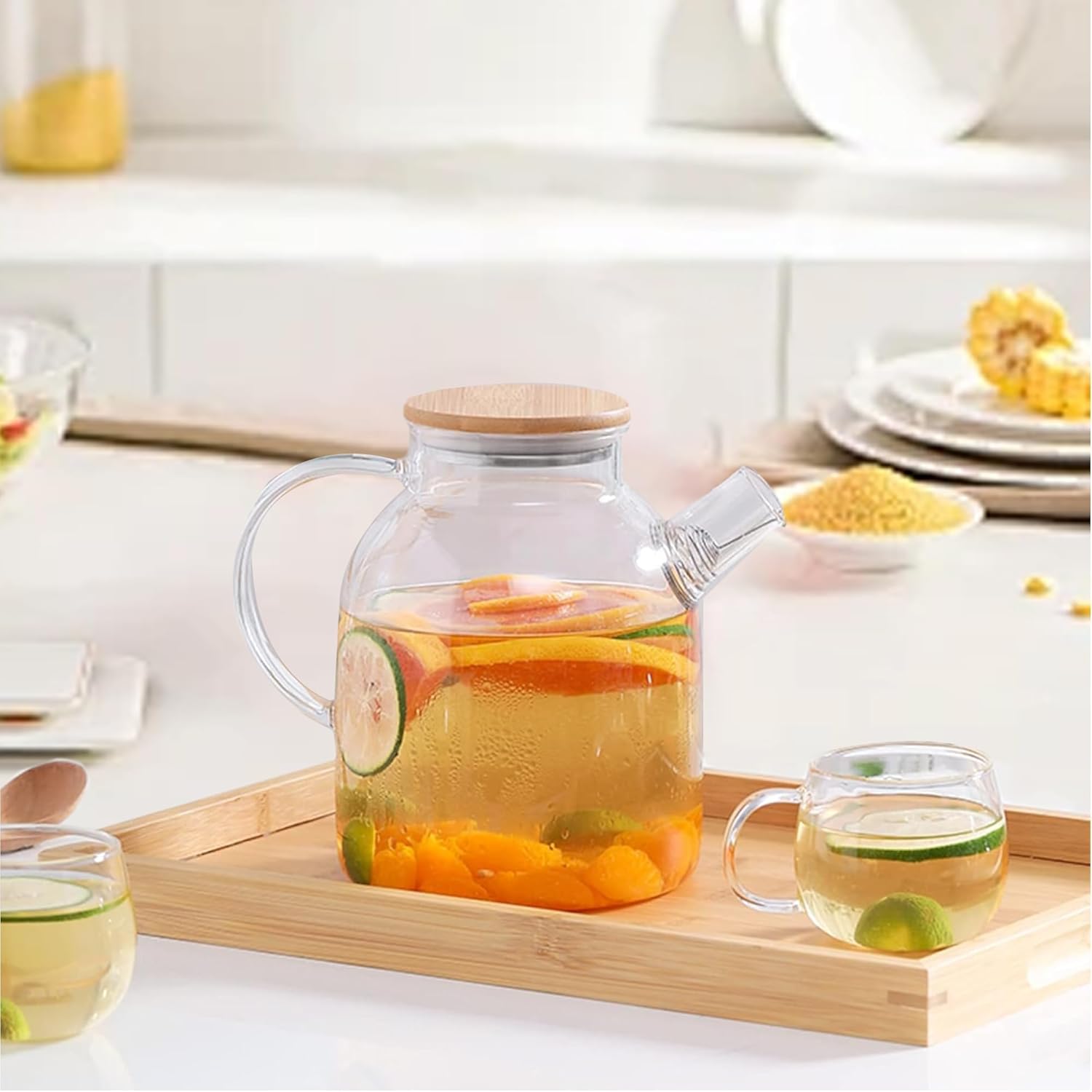 Glass Teapot Stovetop 61 OZ/1800ml, Borosilicate Clear Tea Kettle with Bamboo Lid, Teapot with Removable Stainless Steel Infuser,Tea maker for Camping and Travel (Transparent 61 OZ)