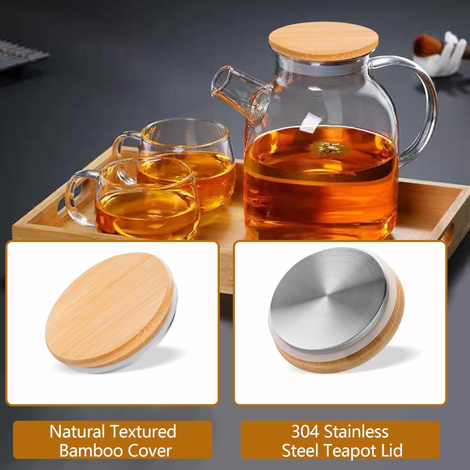 Glass Teapot Stovetop 61 OZ/1800ml, Borosilicate Clear Tea Kettle with Bamboo Lid, Teapot with Removable Stainless Steel Infuser,Tea maker for Camping and Travel (Transparent 61 OZ)