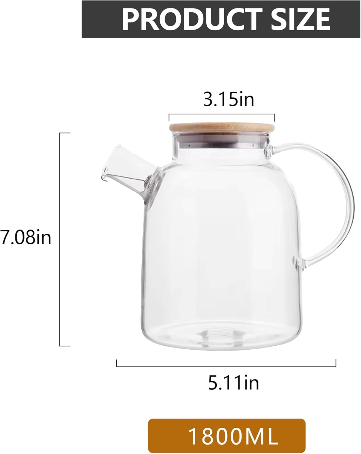 Glass Teapot Stovetop 61 OZ/1800ml, Borosilicate Clear Tea Kettle with Bamboo Lid, Teapot with Removable Stainless Steel Infuser,Tea maker for Camping and Travel (Transparent 61 OZ)