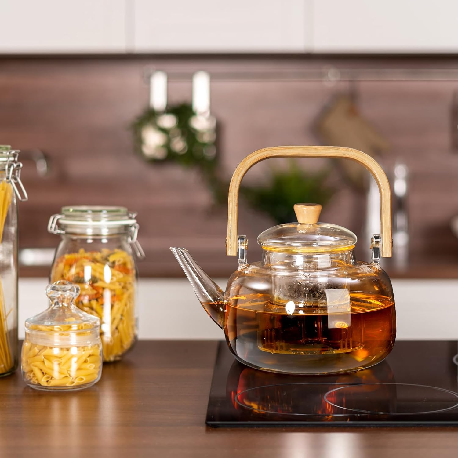 34oz/1000ml Glass Teapot Stovetop Safe, Borosilicate Glass Tea Kettle with Removable Infuser and Bamboo Handle for Loose Leaf Tea and Fruit Tea, Heat Resistant