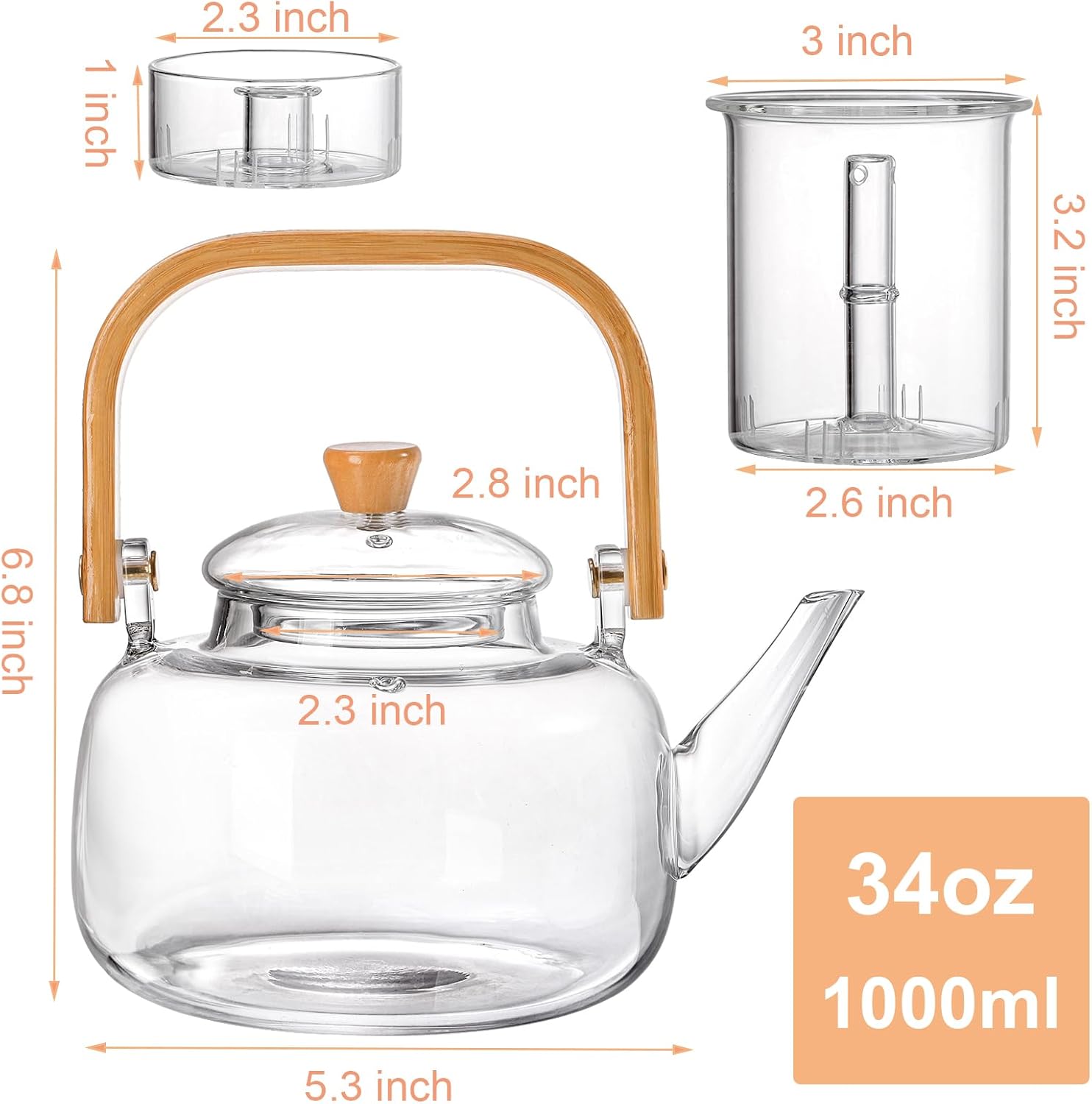 34oz/1000ml Glass Teapot Stovetop Safe, Borosilicate Glass Tea Kettle with Removable Infuser and Bamboo Handle for Loose Leaf Tea and Fruit Tea, Heat Resistant