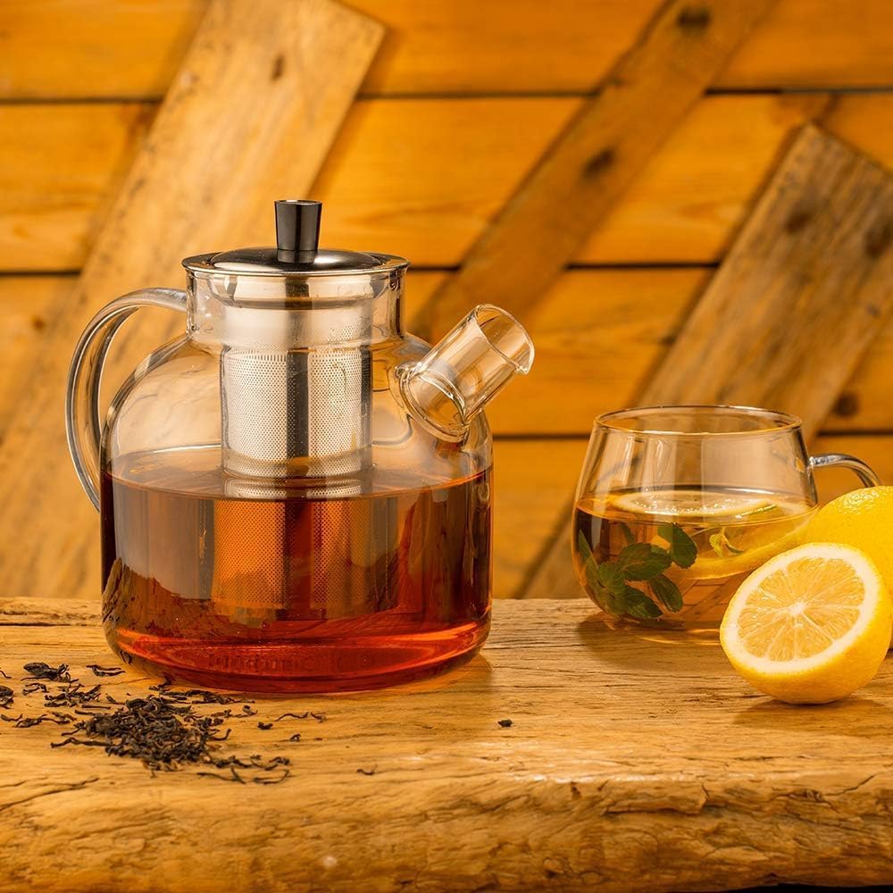 1500ml(50oz) Glass Teapot with Removable Infuser,  Stovetop Safe Large Tea Pot, Blooming and Loose Leaf Hand Crafted Kettle for Women and Adult with Stainless Infuser