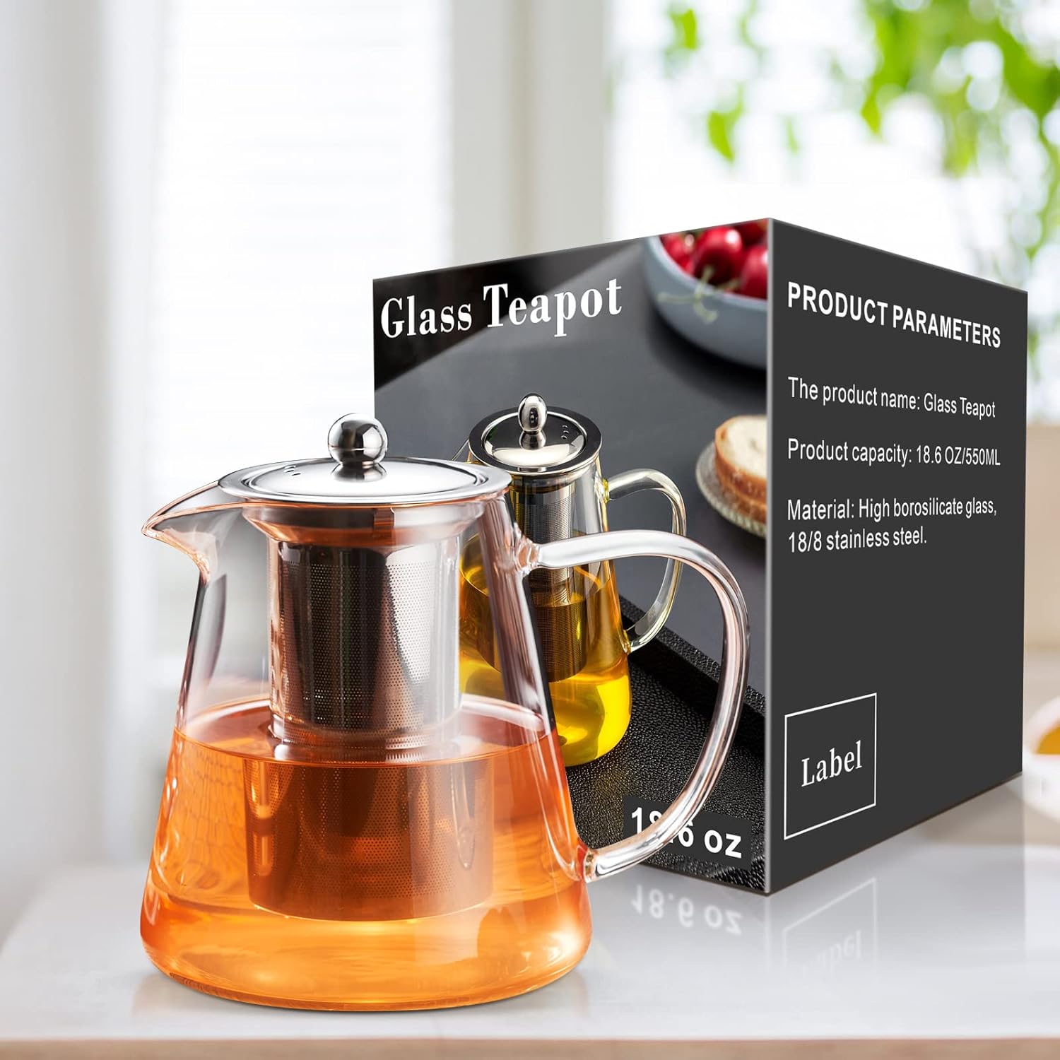 Glass Teapot Stovetop 18.6 OZ, Borosilicate Clear Tea Kettle with Removable 18/8 Stainless Steel Infuser, Teapot Blooming and Loose Leaf Tea Maker Tea Brewer for Camping, Travel (550ML)