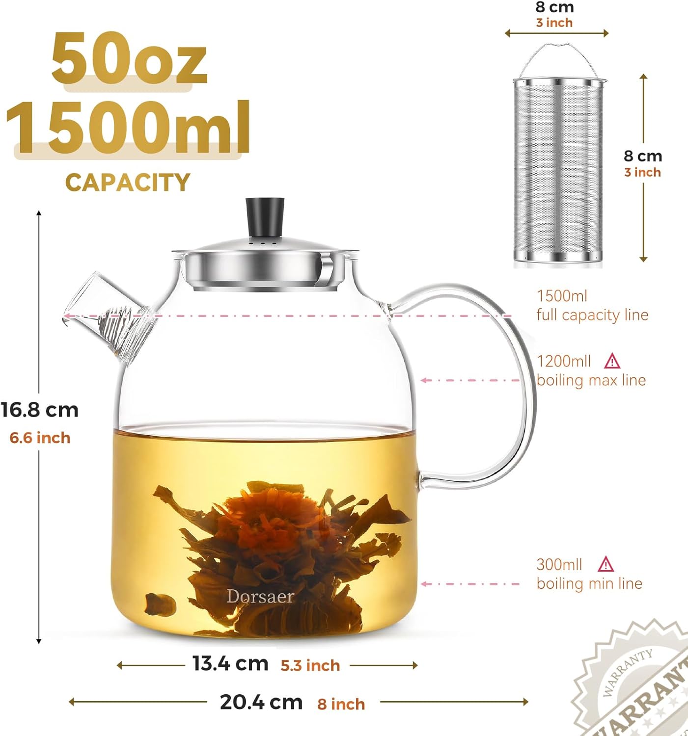 1500ml Glass Teapot with Infuser and Lid, 50oz Stovetop Safe Borosilicate Glass Tea Kettle with Removable Infuser for Loose Leaf Tea, Herbal Tea, Fruit Tea, Blooming Tea. Clear Glass Pots