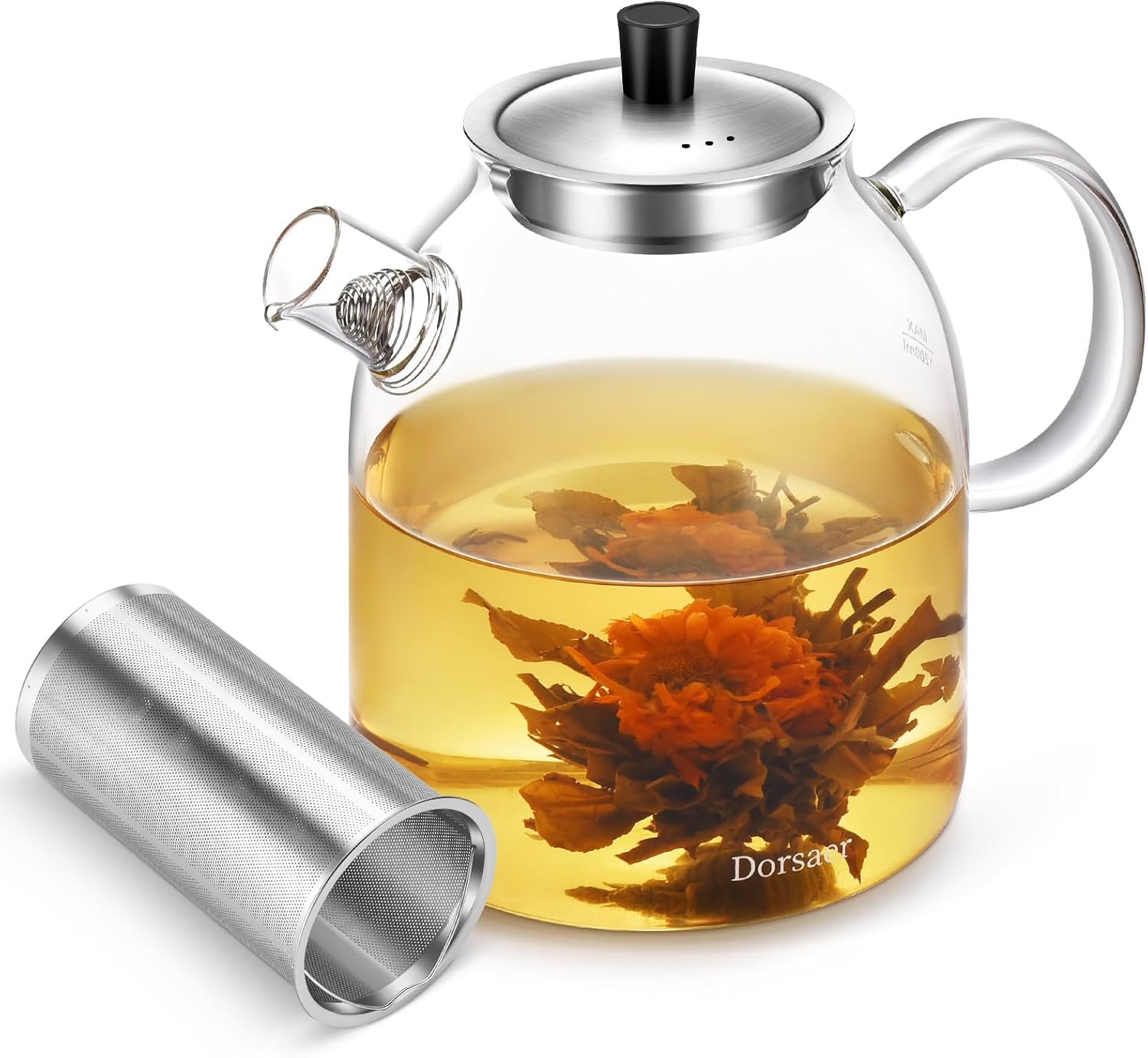 1500ml Glass Teapot with Infuser and Lid, 50oz Stovetop Safe Borosilicate Glass Tea Kettle with Removable Infuser for Loose Leaf Tea, Herbal Tea, Fruit Tea, Blooming Tea. Clear Glass Pots
