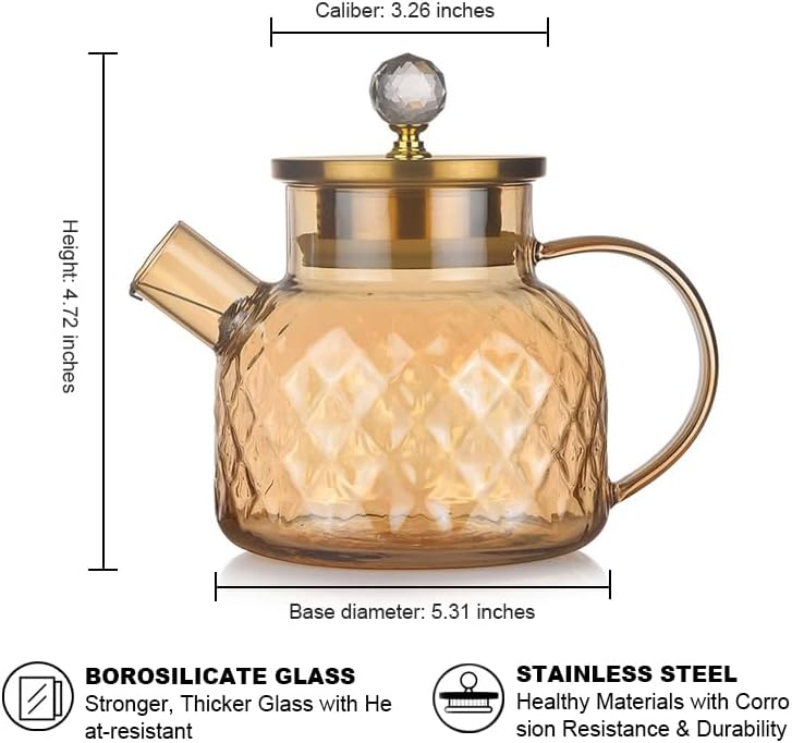 1000 ml/33 Oz Glass Teapot: Glass Tea pot with Removable Filter Spout for Easy Cleaning, High Borosilicate Glass Tea Warmer for Camping, Travle