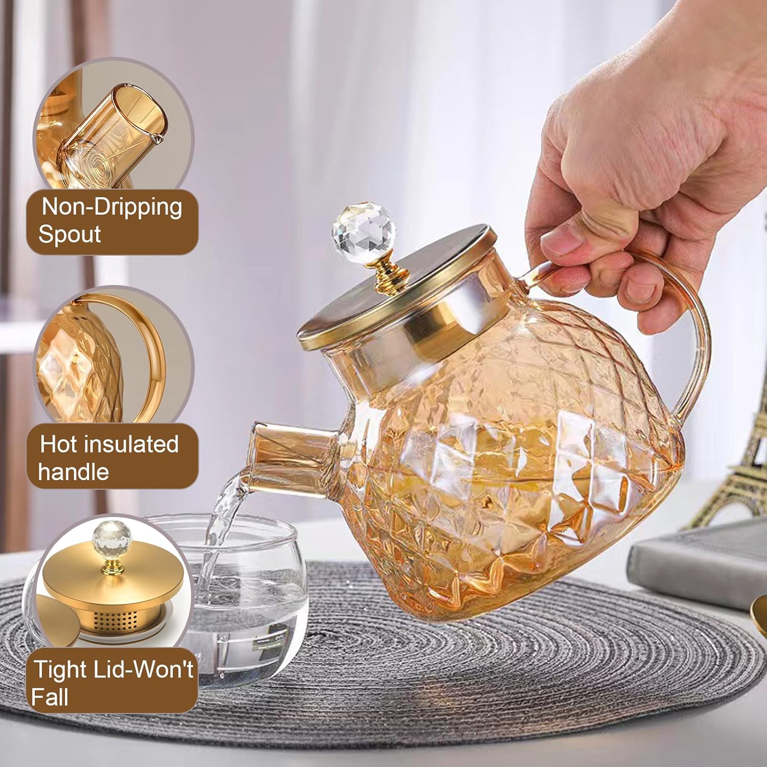 1000 ml/33 Oz Glass Teapot: Glass Tea pot with Removable Filter Spout for Easy Cleaning, High Borosilicate Glass Tea Warmer for Camping, Travle