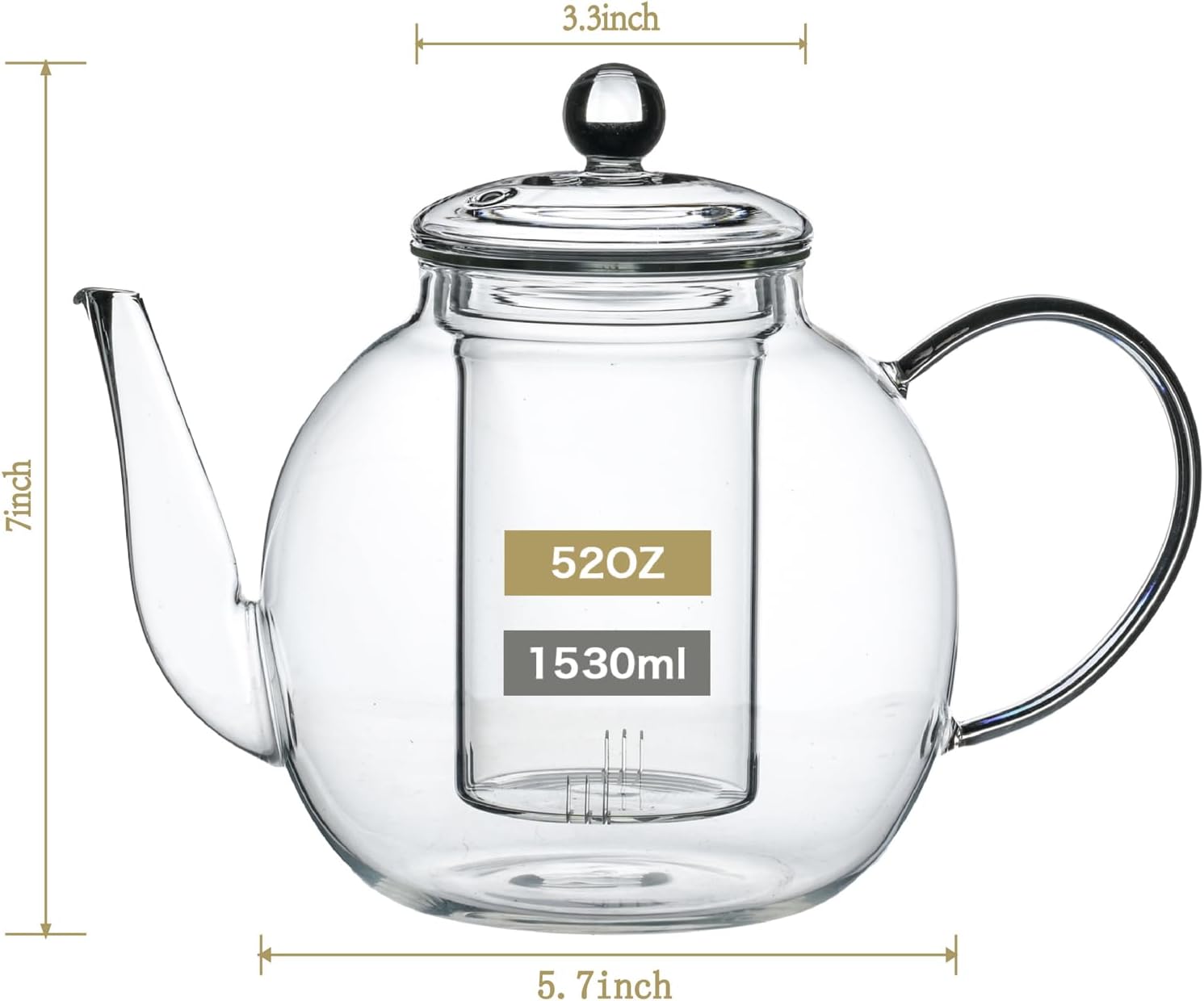 1530 ml/52 oz Glass Teapot with Removable Infuser, Clear Tea Kettle Stovetop Safe for Loose Leaf and Blooming Tea