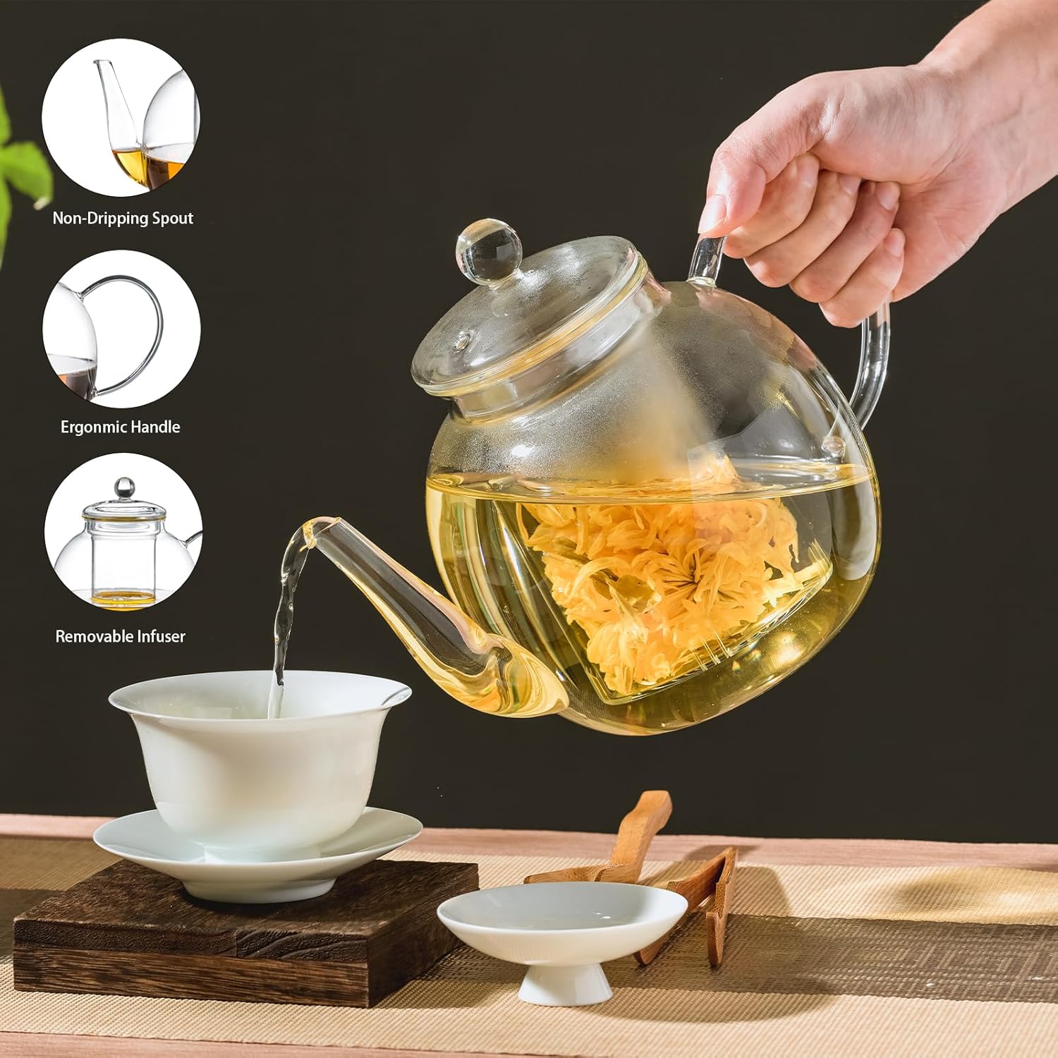 1530 ml/52 oz Glass Teapot with Removable Infuser, Clear Tea Kettle Stovetop Safe for Loose Leaf and Blooming Tea