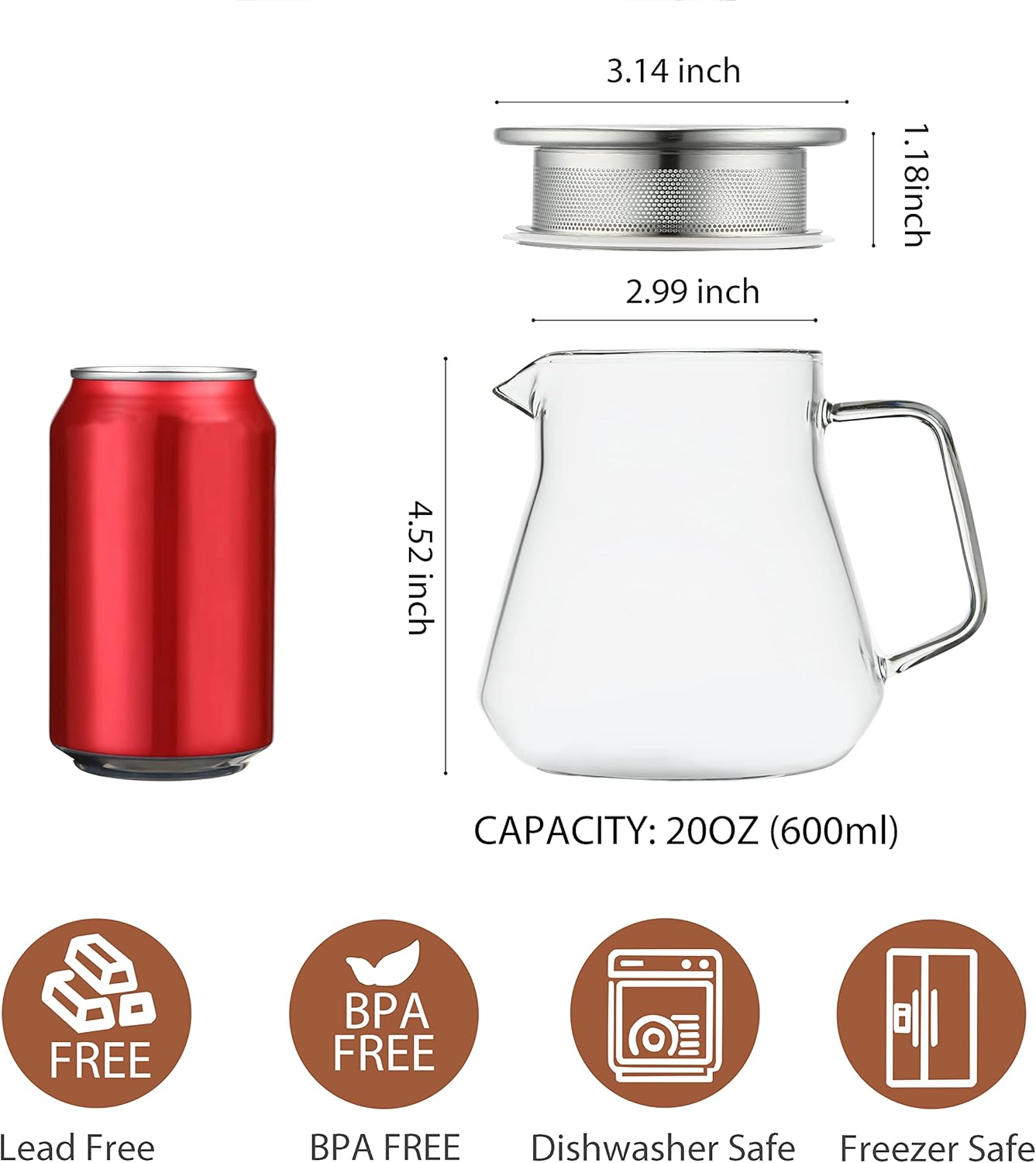 One-Touch Glass Tea Maker,20oz(600ml) Glass Teapot and Kettle with Stainless Steel Filter Lid,Borosilicate Glass Tea Pot for Loose Leaf Tea