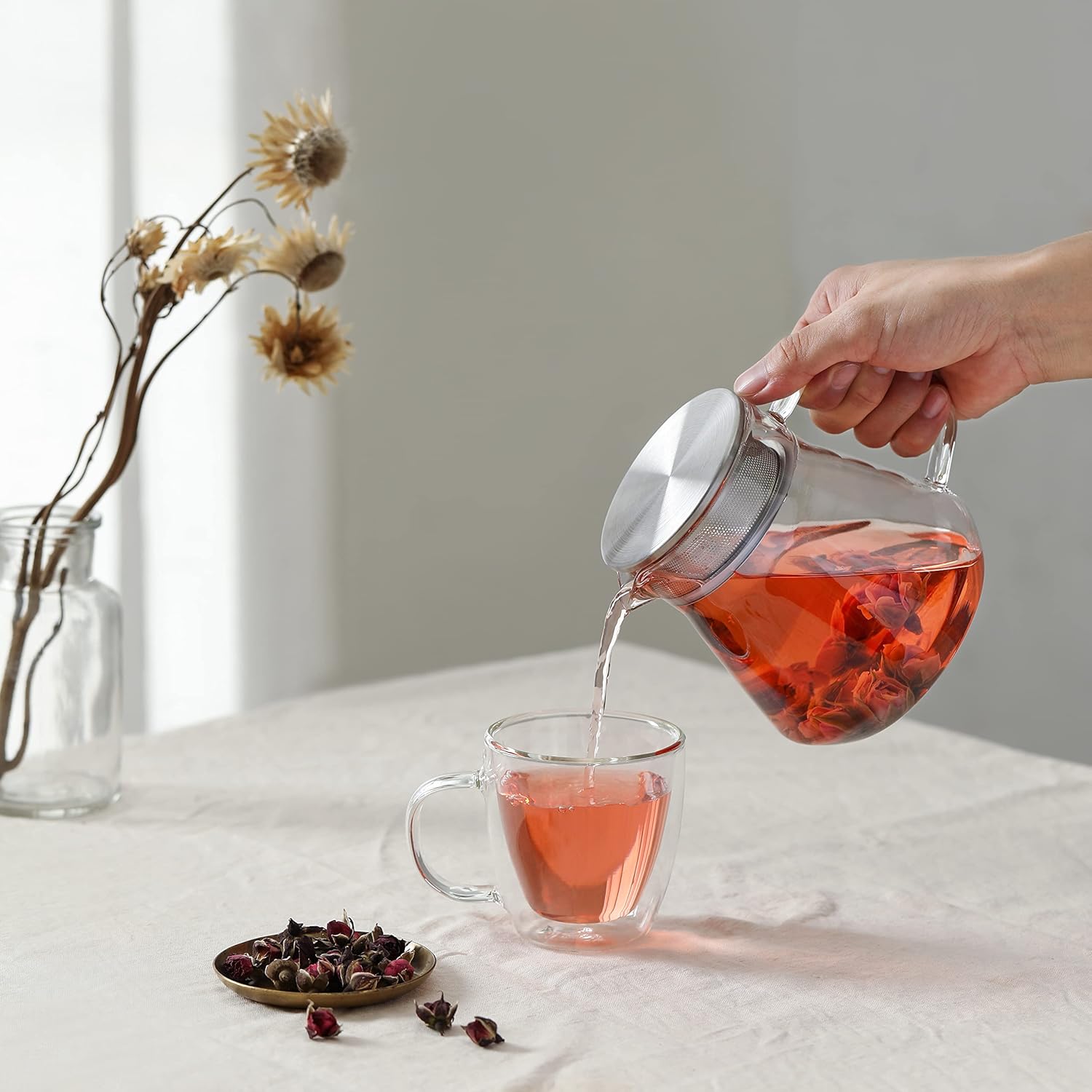 One-Touch Glass Tea Maker,20oz(600ml) Glass Teapot and Kettle with Stainless Steel Filter Lid,Borosilicate Glass Tea Pot for Loose Leaf Tea