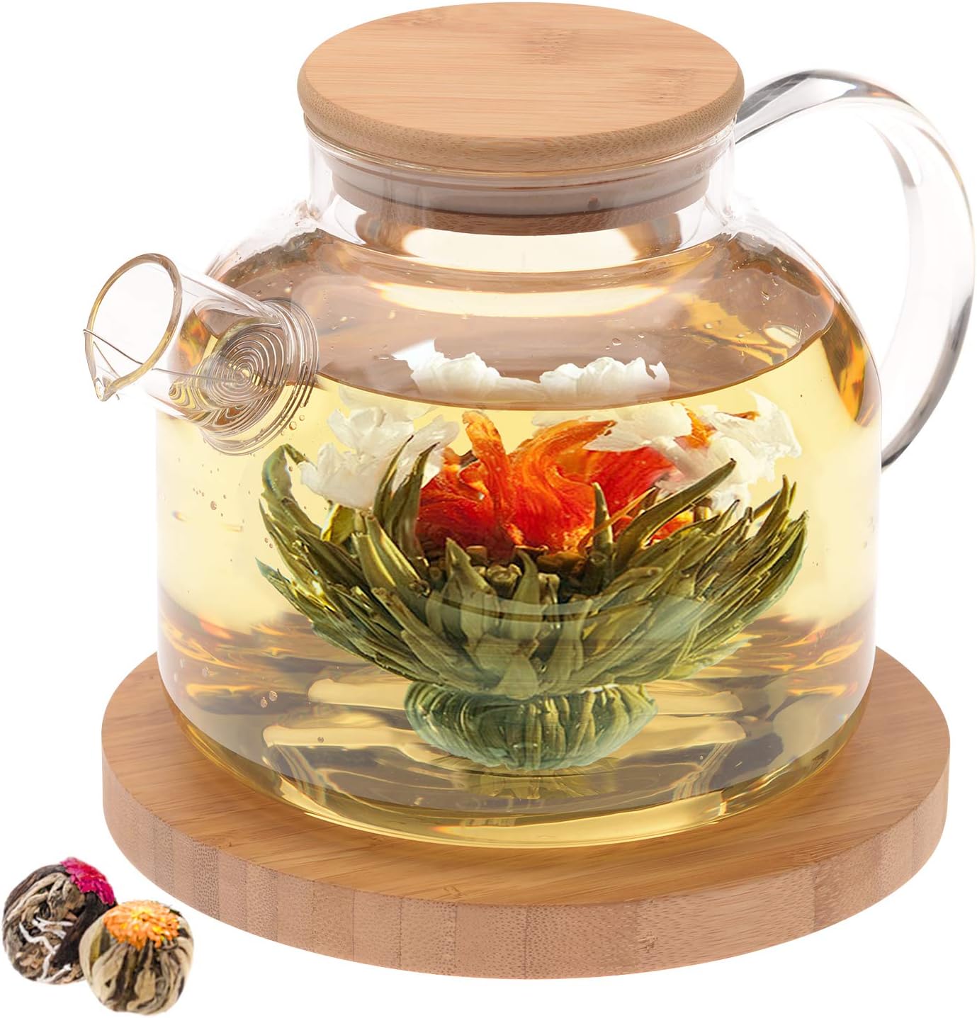  Stovetop Safe Glass Teapot with Bamboo Lid (40oz/1200ml) + Loose Leaf Tea Filter Spout + 2 Blooming Teas + Large Bamboo Trivet - Natural Flowering Tea Gift Set